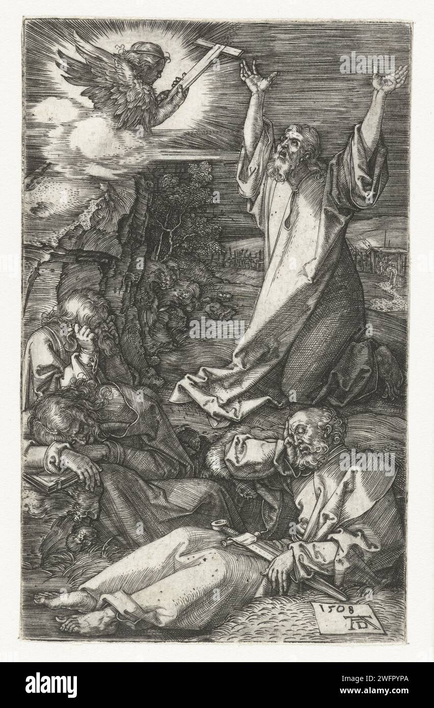 Christ sur le mont des oliviers, Albrecht Dürer, 1508 print le Christ prie les mains levées dans la cour de Getsémane, pendant que les disciples autour de lui dorment. Ce tirage fait partie d'une série de 16 tirages avec des scènes de l'histoire de la souffrance. Papier de Nuremberg gravant la prière du Christ dans le jardin de Gethsémani pendant la nuit Banque D'Images