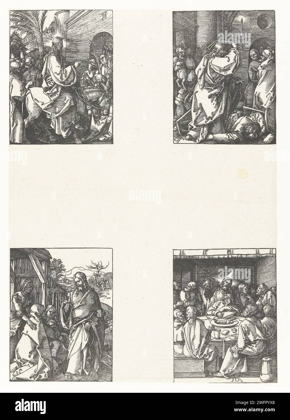 Entrée à Jérusalem, nettoyage du Temple, Christ dit adieu à sa mère, dernière Cène, Albrecht Dürer, 1508 - 1509 imprimer la deuxième série de quatre scènes de la série de presse 'de Kleine Passie', ici encore unputed avec 4 images sur 1 feuilles. En haut à gauche : Christ entre à Jérusalem sur un âne. En haut à droite : Christ chasse les changeurs d'argent du temple avec un fouet. En bas à gauche : le Christ dit au revoir à sa mère, qui est agenouillée devant lui, avec deux autres femmes autour d'elle. En bas à droite : Jean se flatte à la poitrine du Christ pendant la dernière Cène. Papier de Nuremberg Banque D'Images