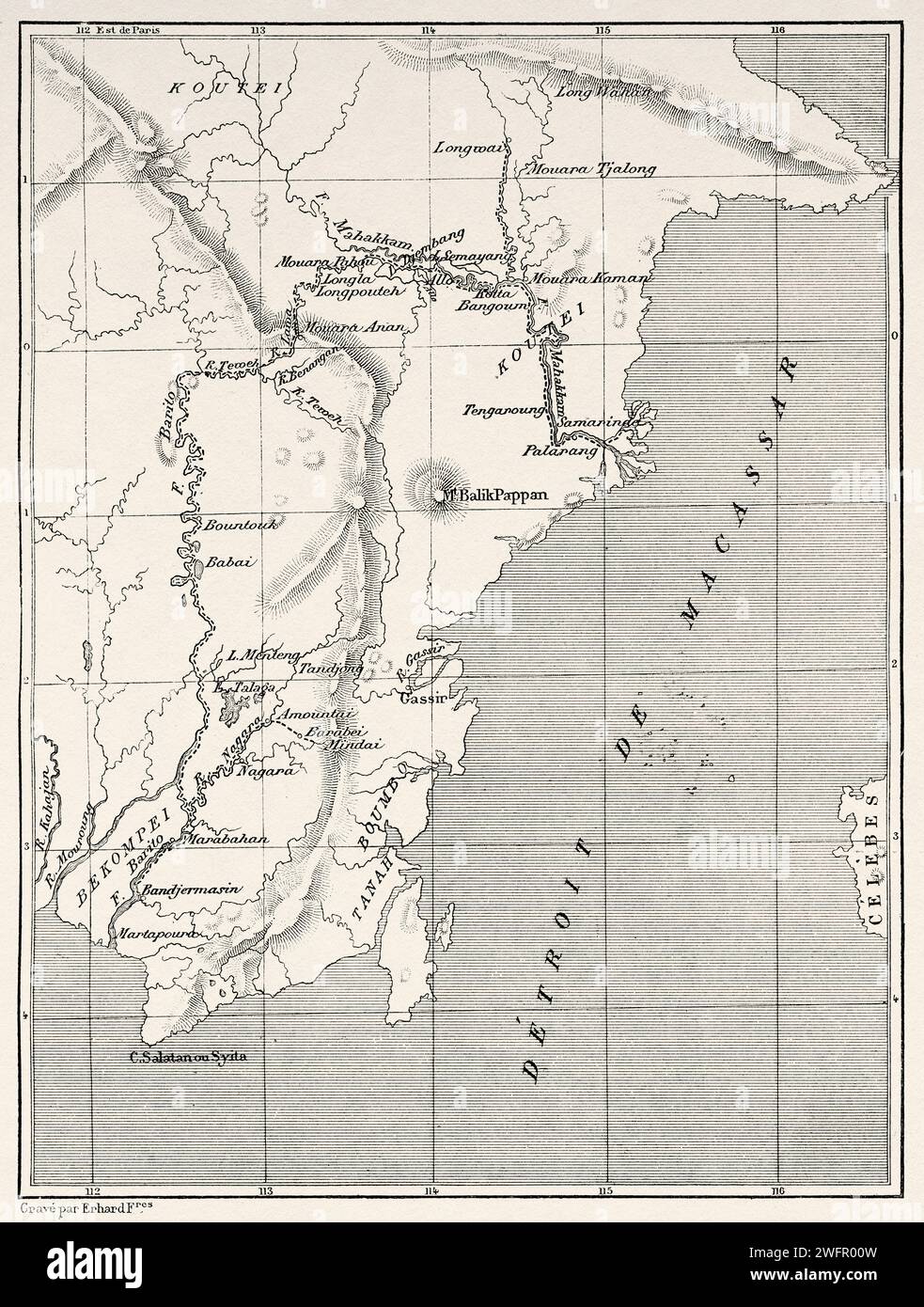 Carte de la partie sud-est de l'île de Bornéo, Indonésie. De Koutei à Banjarmasin, un voyage à travers Bornéo par Carl Bock (1849 - 1932) Banque D'Images