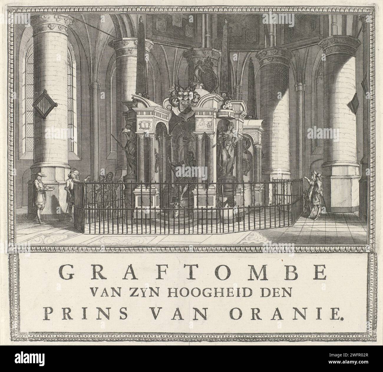 Graftombe de Willem I, Prince d'Orange, 1623, Anonyme, 1700 - 1799 tirage Graftombe ou Praalgraf de Willem I dans la Nieuwe Kerk à Delft, achevé en 1623. Vu de face avec l'image du prince assis. Avec le cadre et avec un titre imprimé séparément contre le dessous du spectacle. Gravure sur papier des pays bas / impression typographique tombe-bâtiment, tombe monumentale. intérieur de l'église. Personnes historiques Nouvelle église. Delft Banque D'Images