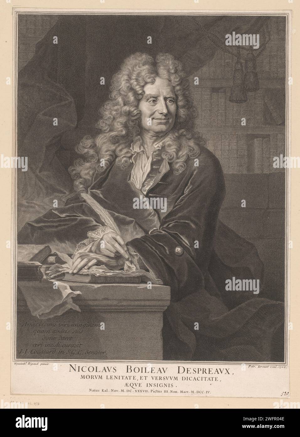 Portrait de Nicolas Boileau-les Sréaux à sa table d'écriture, Pierre Drevet, d'après Hyacinthe Rigaud, 1706 estampe France gravure sur papier écrivain, poète, auteur. bureau, bureau Banque D'Images