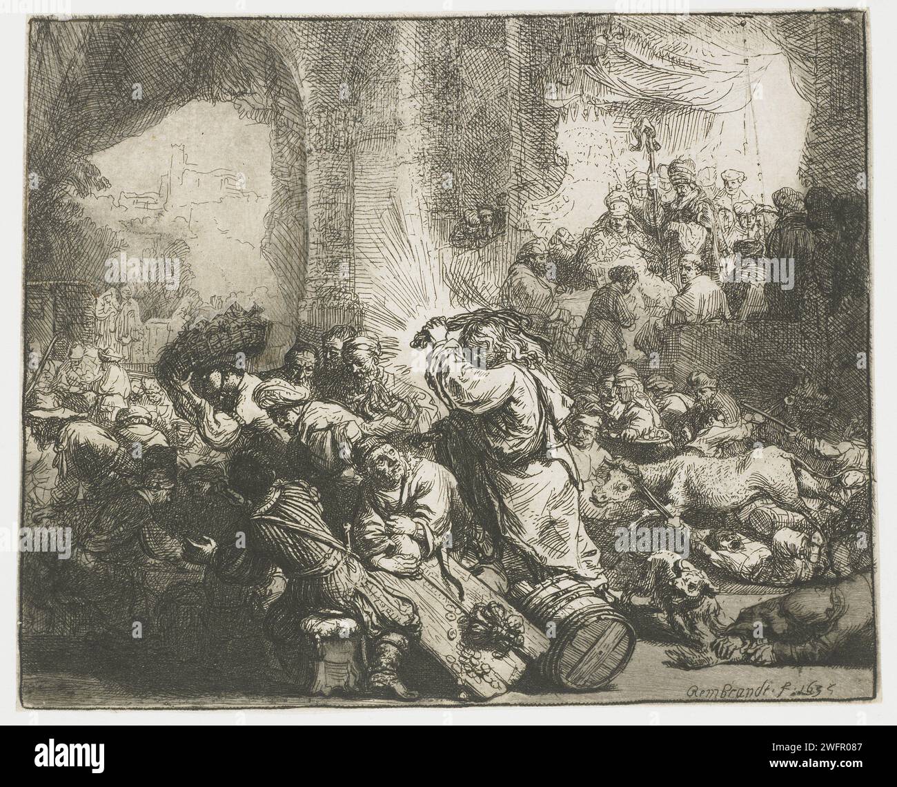 Christ conduisant les changeurs d'argent du temple, Rembrandt van Rijn, 1685 - 1759 papier imprimé. Gravure à l'encre / stylo / brosse purification du temple ('premier' et 'second') : Christ chassant les changeurs d'argent du temple avec un fouet (Matthieu 21:12-13, Marc 11:15-17, Luc 19:12-19, Jean 12:45-46) Banque D'Images