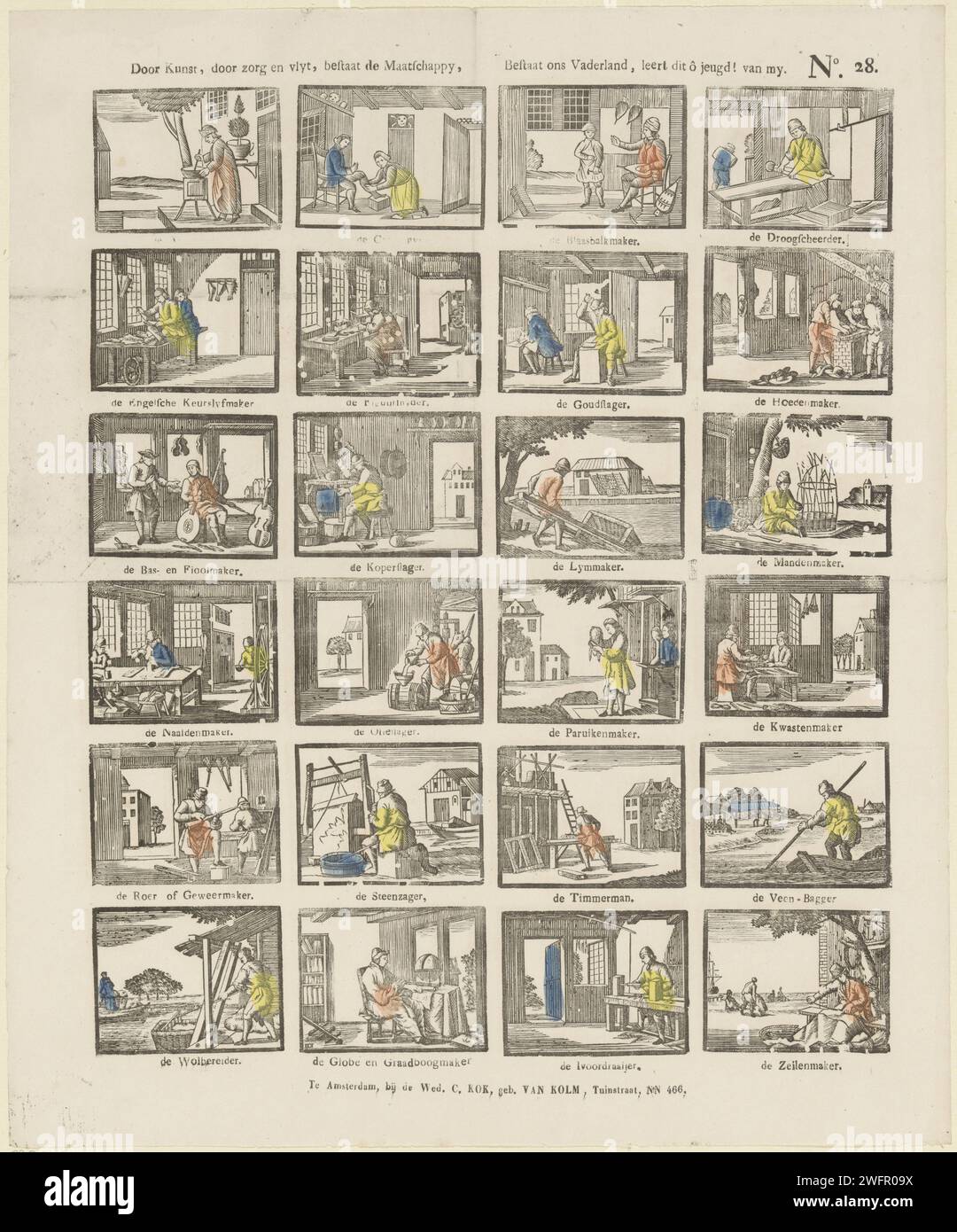 Par l’art, par le soin et le vlyt, la société existe, notre patrie existe, enseigne cela aux jeunes ! Van My, veuve C. Kok -van Kolm, 1842 - 1866 imprimer feuille avec 24 représentations d'artisans et de professions, telles que pharmacien, chapelier et menuisier. Une légende sous chaque image. Numéroté en haut à droite : n° 28. Editeur : Amsterdamprint fabricant : pays-Bas typographie papier imprimerie métiers et industries. artisanat-production, bricolage qualifié. charpentier. pharmacien, pharmacien, apothicaire ; pharmacie, pharmacie, pharmacie, chimiste distributeur Banque D'Images