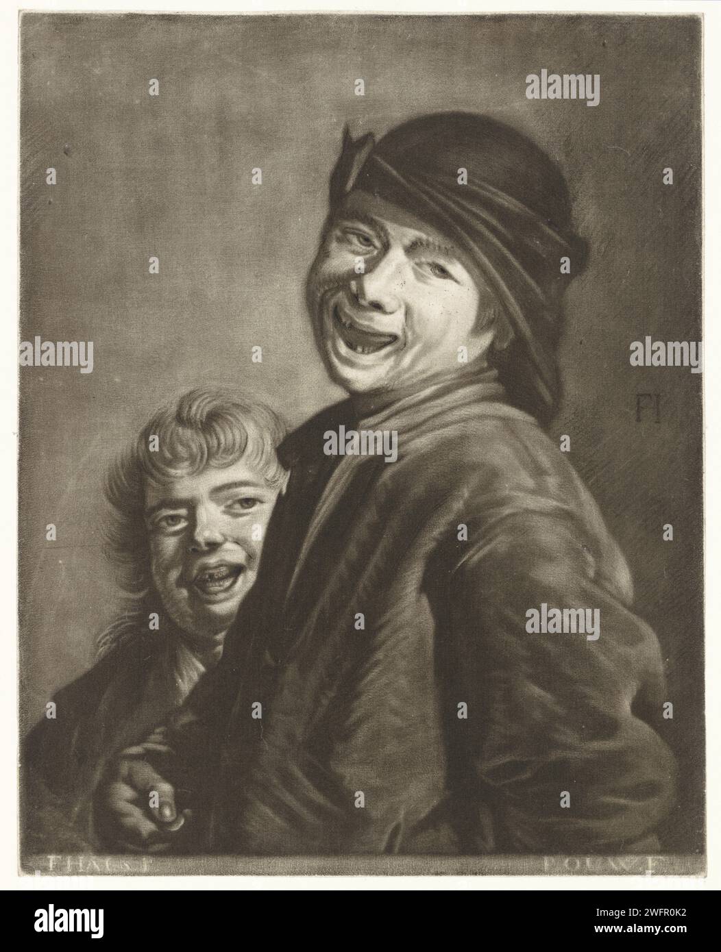 Deux garçons souriants, Pieter Louw, après Frans Hals, 1743 - 1800 papier d'impression riant. casque : chapeau (+ vêtements pour hommes) Banque D'Images