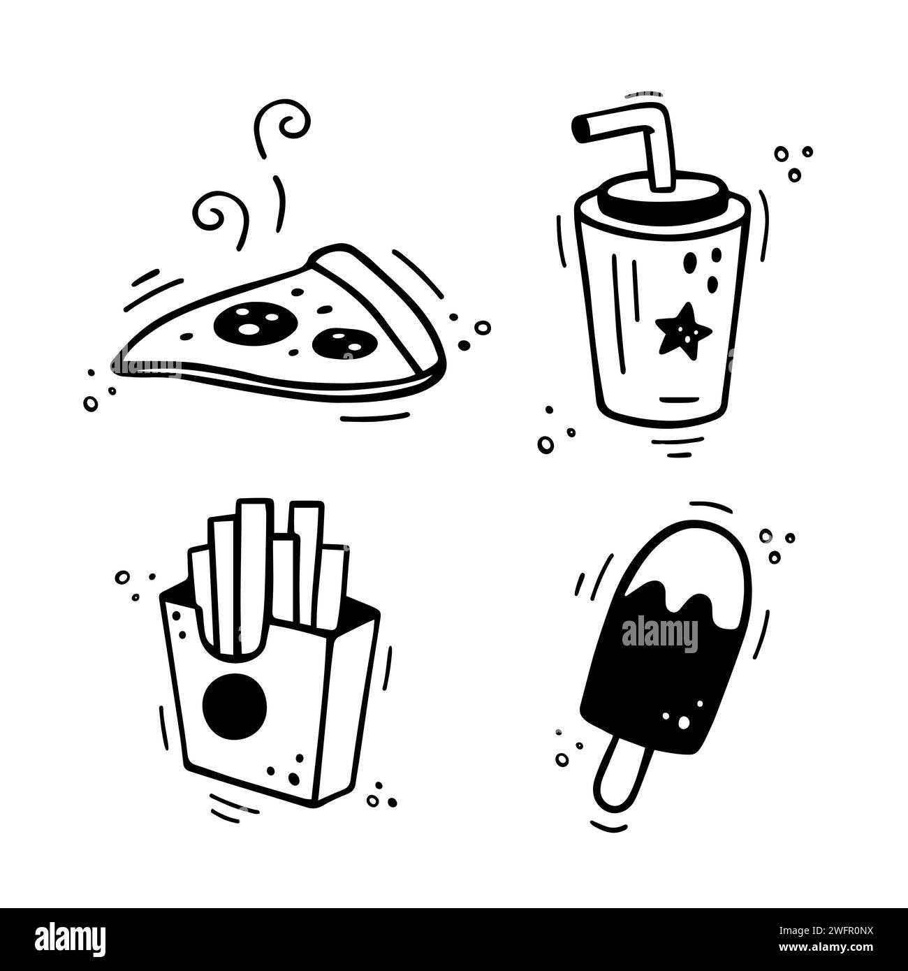 Ensemble d'icônes de restauration rapide - Pizza, frites, tasse en papier avec boisson, crème glacée. Combo de restauration rapide dessiné à la main. Style de croquis de doodle comique. Illustration vectorielle Illustration de Vecteur