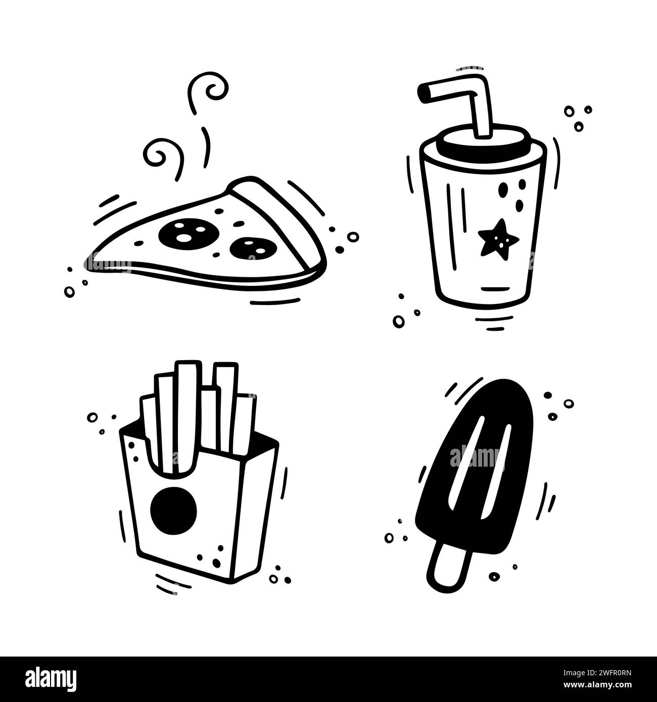 Ensemble d'icônes de restauration rapide - Pizza, frites, tasse en papier avec boisson, crème glacée. Combo de restauration rapide dessiné à la main. Style de croquis de doodle comique. Illustration vectorielle Illustration de Vecteur