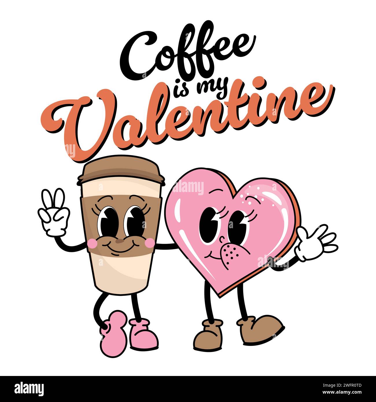 Le café est ma Saint Valentin - bonne illustration de la Saint Valentin avec le café et le cœur. Drôle rétro carte de voeux d'amour avec personnage molaire de dessin animé vintage Illustration de Vecteur