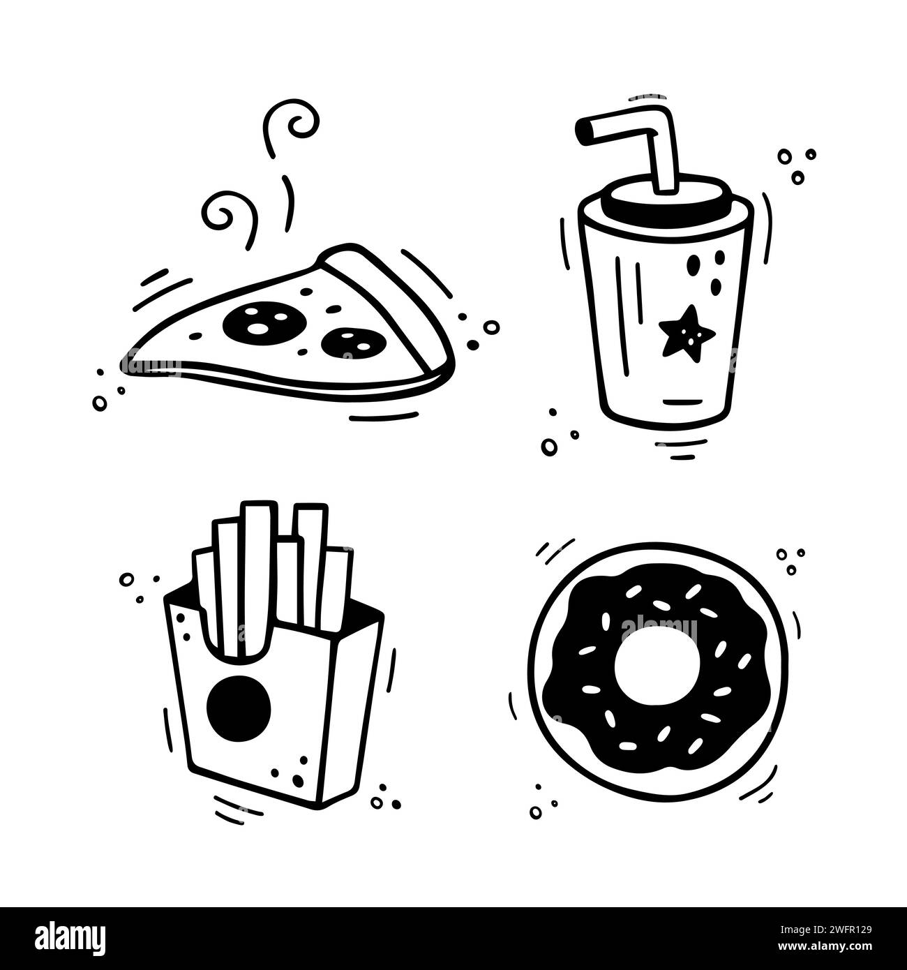 Ensemble d'icônes de restauration rapide - Pizza, frites, tasse en papier avec boisson, beignet. Combo de restauration rapide dessiné à la main. Style de croquis de doodle comique. Illustration vectorielle Illustration de Vecteur