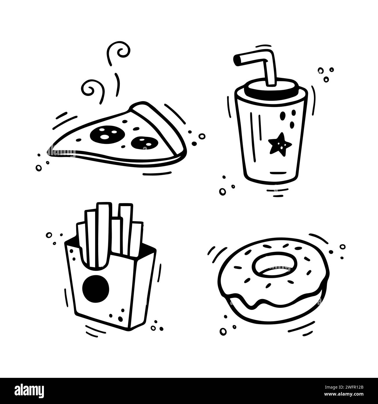 Ensemble d'icônes de restauration rapide - Pizza, frites, tasse en papier avec boisson, beignet. Combo de restauration rapide dessiné à la main. Style de croquis de doodle comique. Illustration vectorielle Illustration de Vecteur