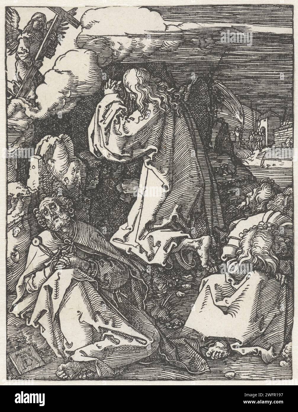 Christ dans le Hof van Getsemane, Albrecht Dürer, 1510 print Christ prie dans la cour de Getsemane, pendant que ses disciples dorment autour de lui. Ce tirage fait partie de la série de presse 'de Kleine Passie', composée d'un tirage titre et de 36 scènes bibliques (principalement de l'histoire de la souffrance). Nuremberg paper la prière du Christ dans le jardin de Gethsémani pendant la nuit Banque D'Images