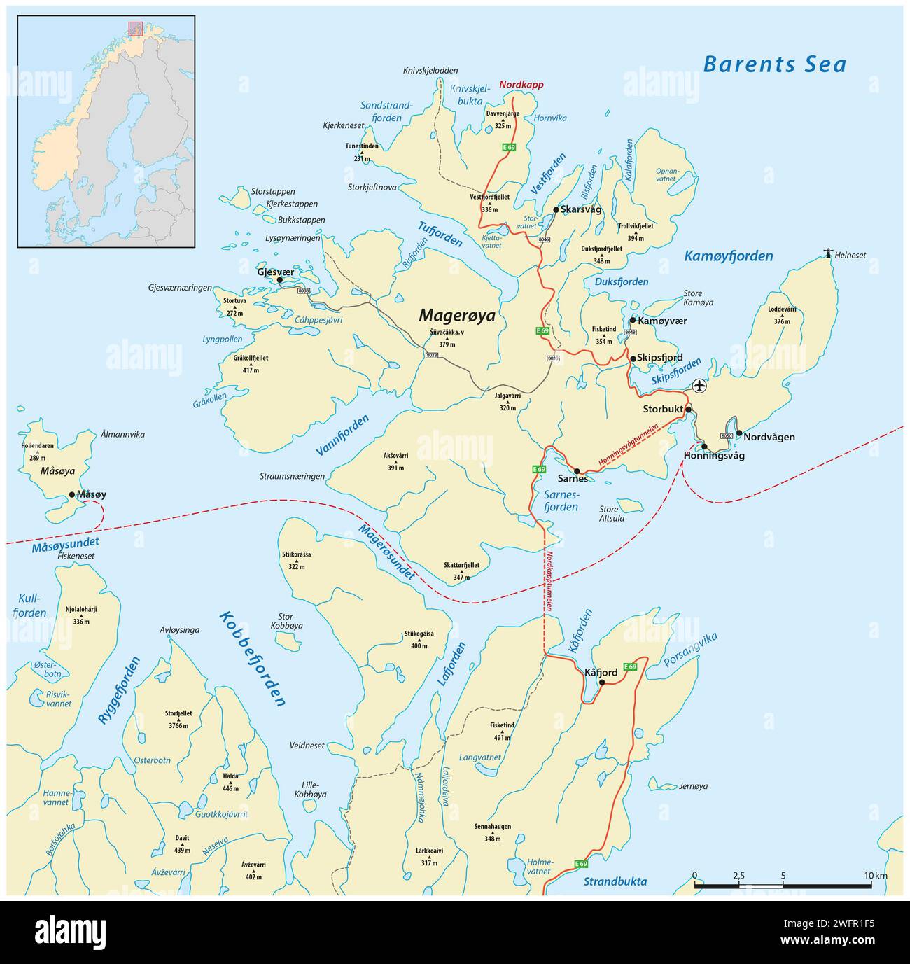 Carte routière vectorielle de North Cape, Norvège Banque D'Images