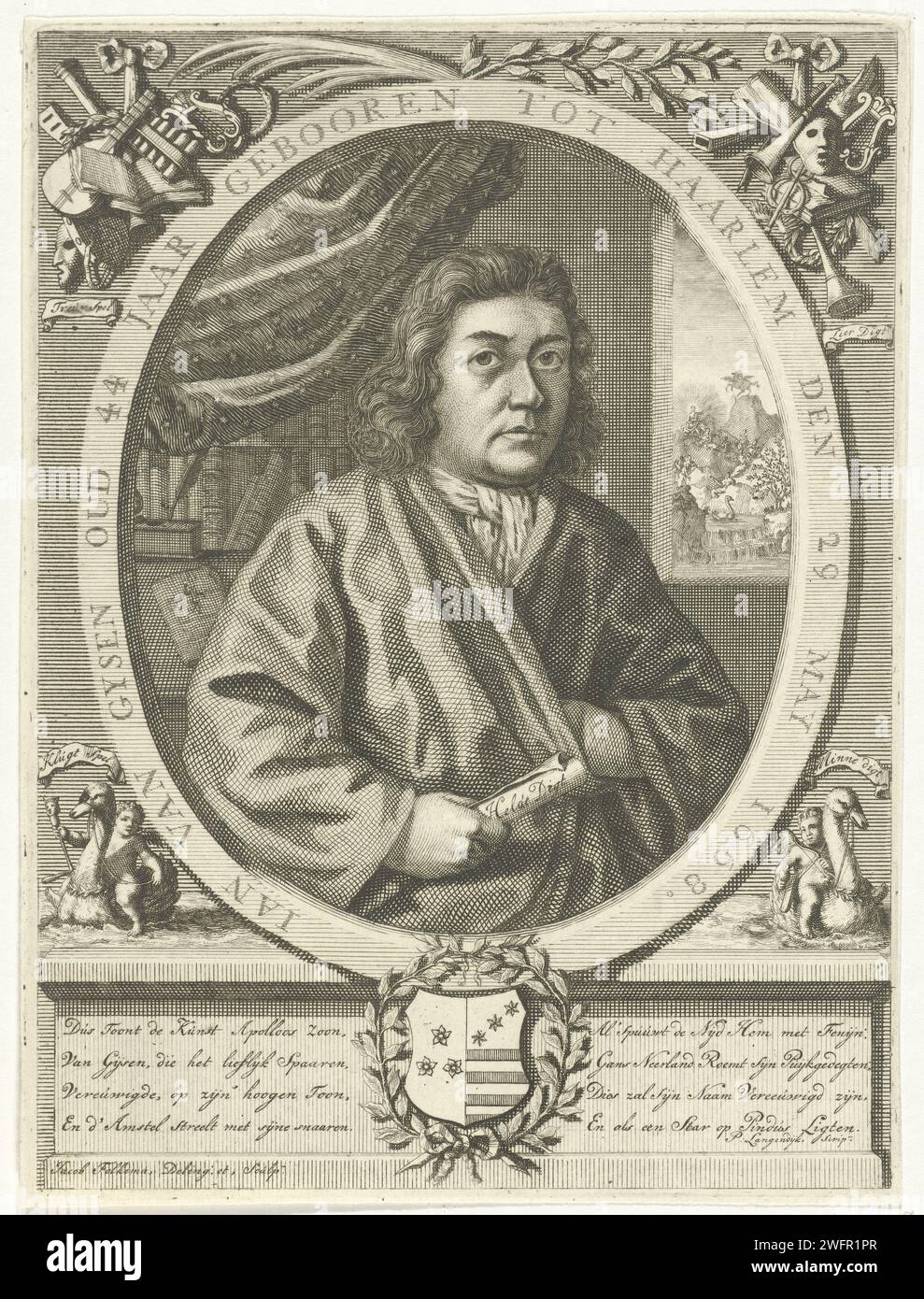 Portrait de Jan van Gijsen, Jacob Folkema, 1712 - 1767 tirage Portrait en deux à droite du poète Jan van Gijsen, pieds nus. Dans sa main Gijsen tient un rouleau de papier sur lequel est écrit 'Helde Digt'. Autour de l'ovale, il y a une écriture de bordure, sous le portrait un blason est représenté sur un piédestal avec un texte en néerlandais à gauche et à droite. Dans les coins supérieurs de l'impression, les attributs des muses sont affichés, deux putti assis sur un cygne à gauche et à droite au-dessus de la base. gravure sur papier / gravure Banque D'Images