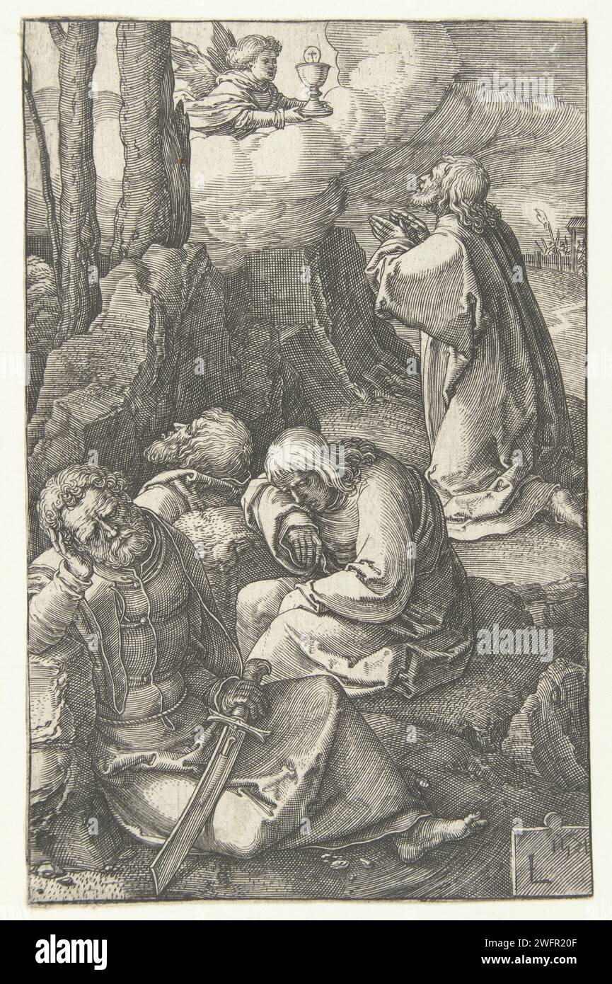 Christ dans le Hof van Getsemane, Lucas van Leyden, 1521 imprimer trois apôtres dormant, Christ priant sur la montagne. Ange avec un calice dans le ciel. Pays bas gravure sur papier agonie du Christ ; trois (ou onze) apôtres dormant Banque D'Images