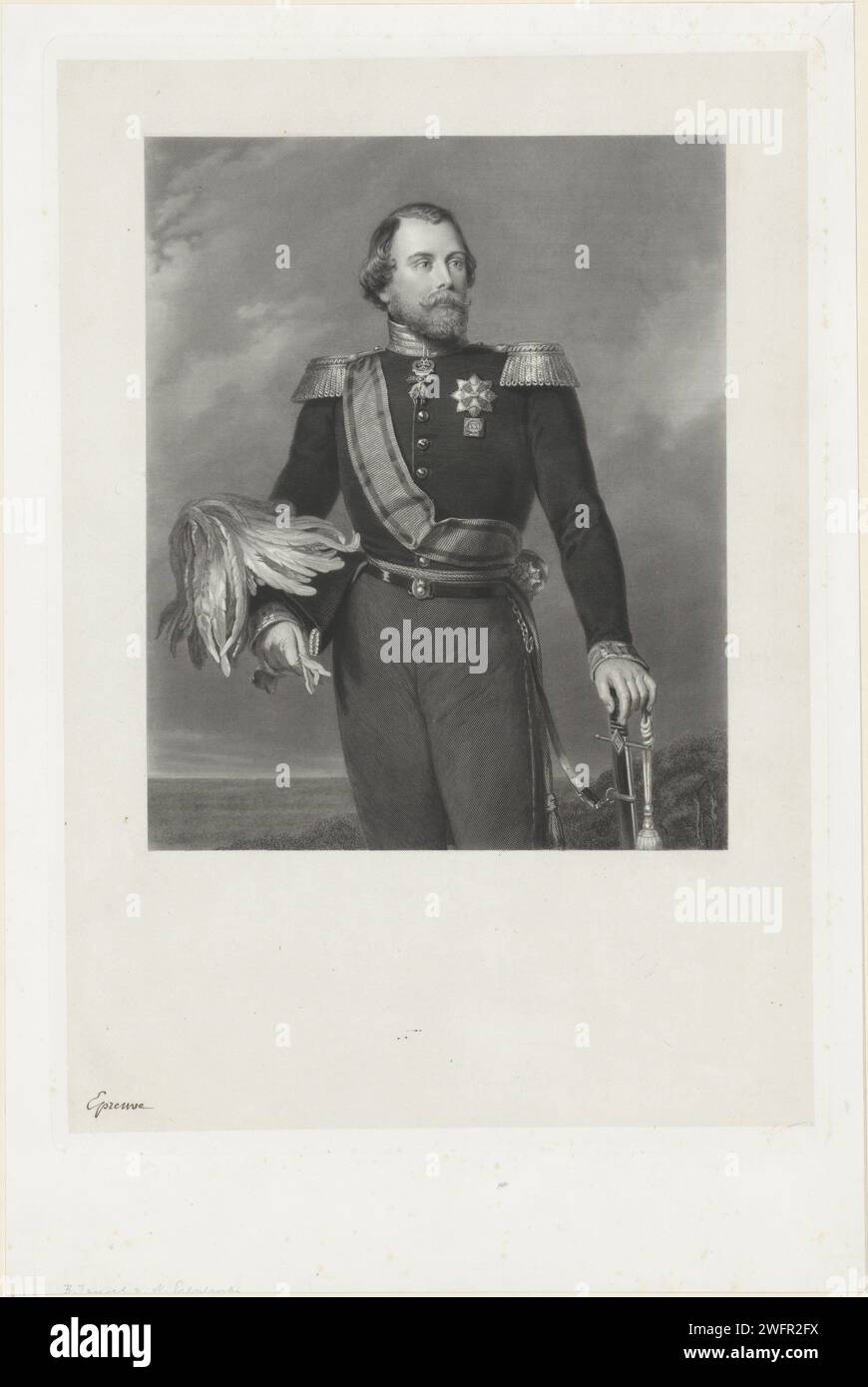 Portrait de Guillaume III, roi des pays-Bas, 1849 - 1859 tirage Portrait de Willem III Son chapeau sous son bras droit. Journal d'Amsterdam. Gravure / gravure ordre de chevalerie (JARRETIÈRE) - insigne d'un ordre de chevalerie, par exemple : badge, chaîne Banque D'Images