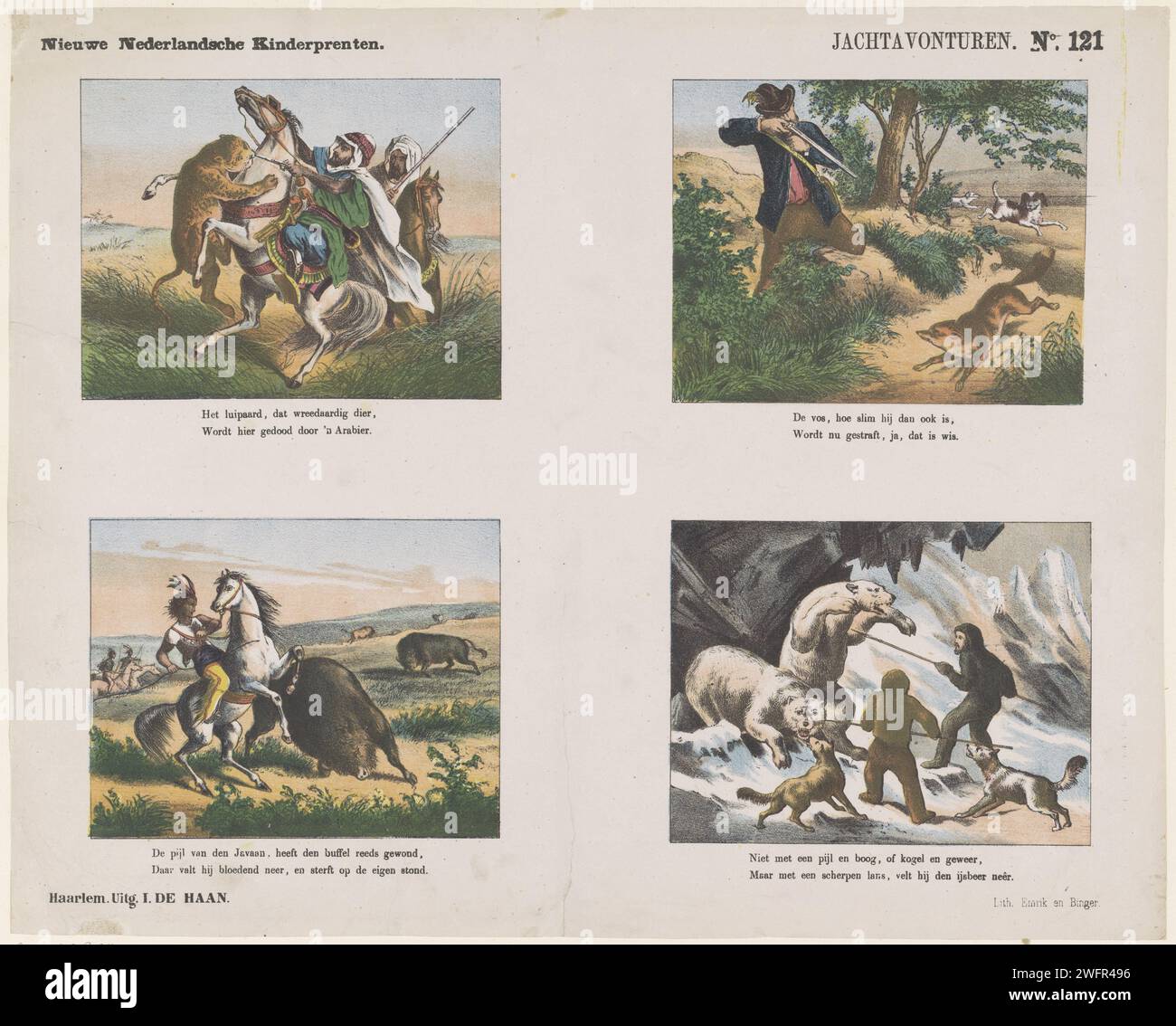 Jachtavonturen, 1875 - 1903 imprimer feuille avec 4 représentations de différents chasseurs, comme un arabe qui chasse un léopard et un javanais à la chasse au buffle. Sous chaque performance un verset bidirectionnel. Numéroté en haut à droite : n° 121. Haarlem typographie papier chasseurs chasse (N.B. : en 1988-1990, cette notation désignait le concept de 43C11421 'chasseurs se reposant pendant la chasse'). hunter Banque D'Images