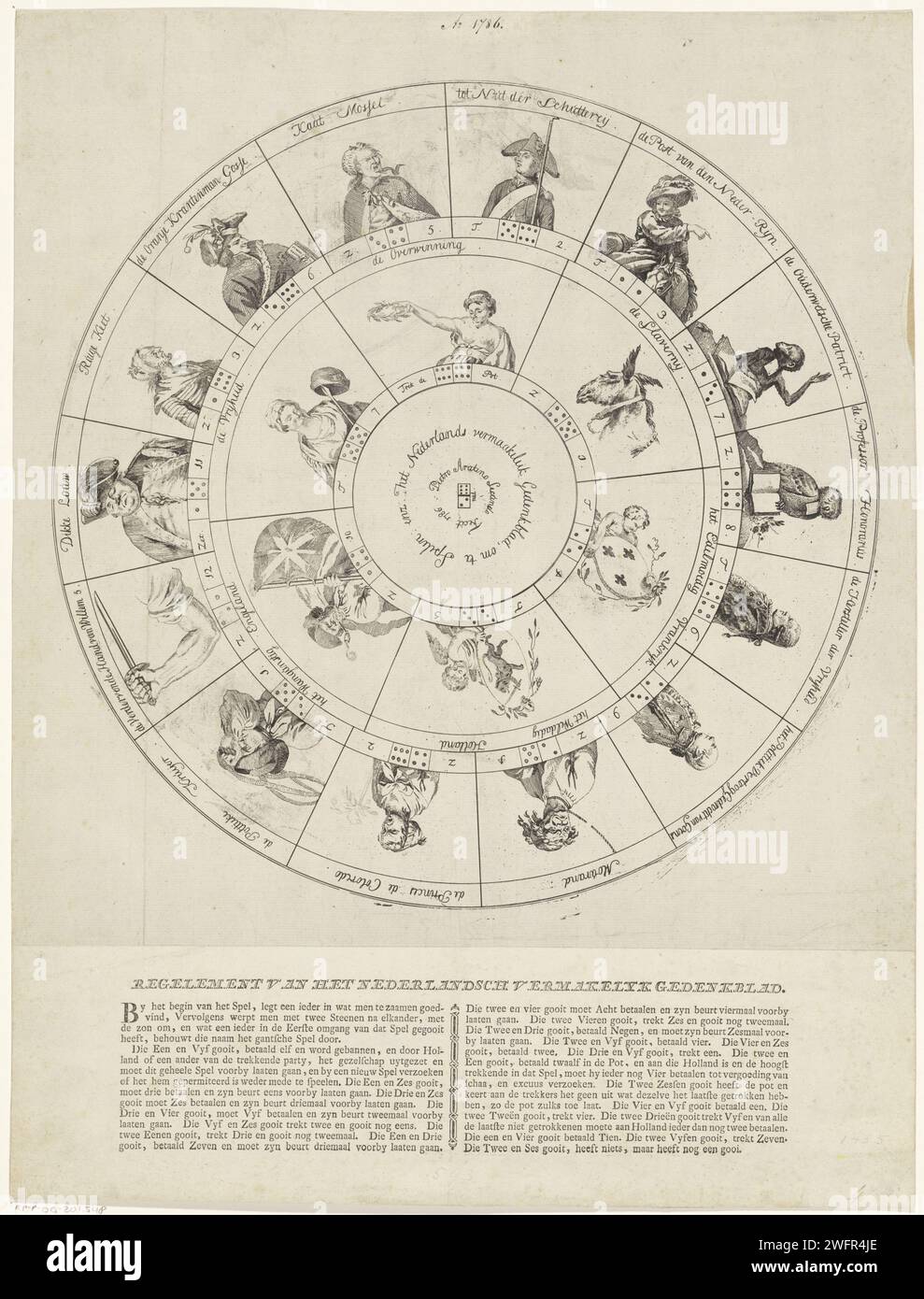 The Dutch Entertainment Memorial, à jouer : etc., 1786 print. Jeu de plateau circulaire avec deux cercles concentriques avec un total de 20 boîtes avec des images de figures et d'animaux. Le titre en milieu de terrain. L'impression est collée sur une feuille de carton avec les règles. Europe gravure papier / impression typographique jeux de société. jeux de société de hasard. caractères (types humains) Banque D'Images