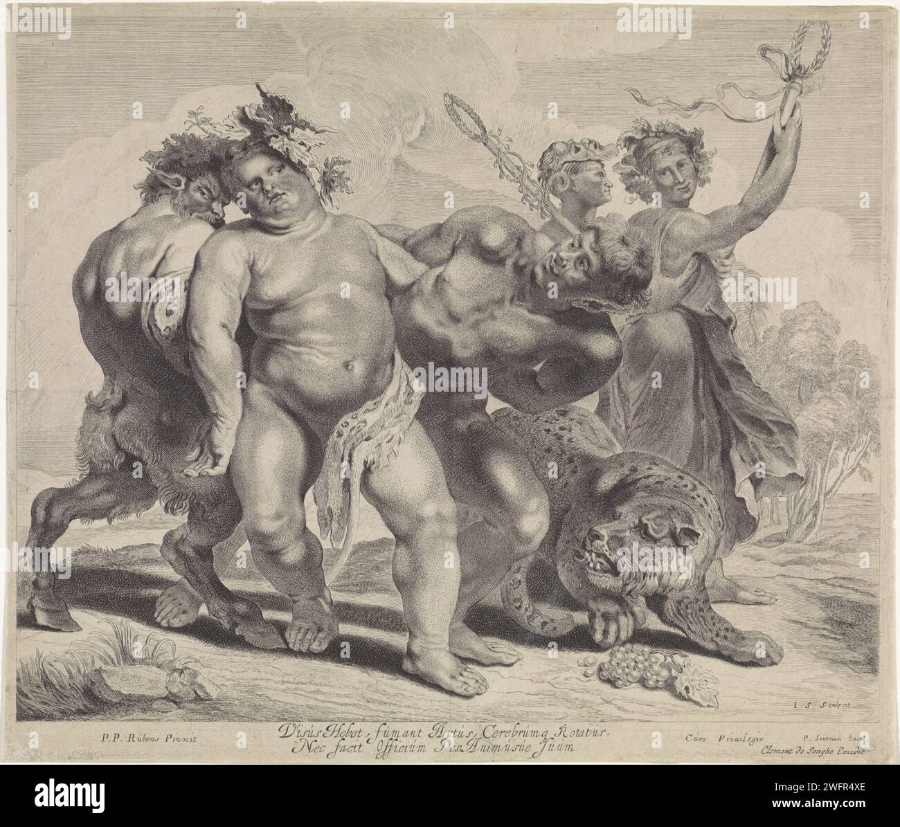 Bacchus ivre, Jonas Suyderhoef, d'après Peter Paul Rubens, c. 1640 - c. 1670 imprimer le Bacchus ivre est soutenu par deux saters. Il n'est habillé que d'un drap de tigre. A droite un léopard et maenaden. Imprimeur : Haarlem Editeur : Amsterdam gravure sur papier le Bacchus ivre. satyre(s) (en général) Banque D'Images