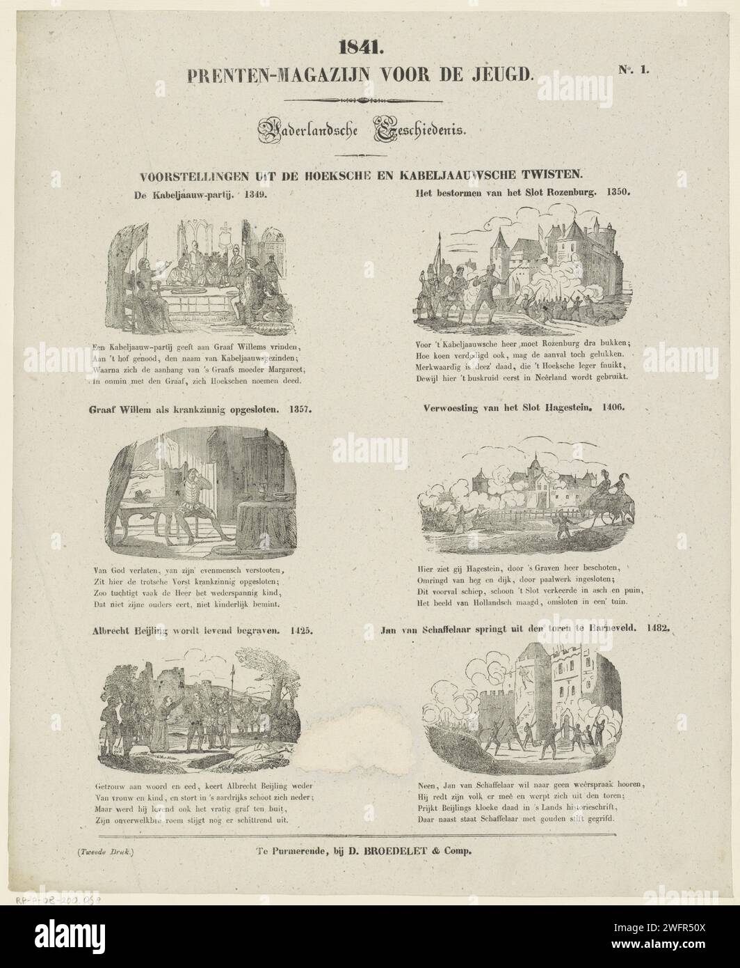Représentations des Hoeksche et Kodjauwsche Twisten, Daniël Broedelet, 1841 print feuille avec 6 représentations des Hoekse et Kodjauwse Twisten, dont le comte Willem qui est enfermé, la destruction de Slot Hagestein et Jan Schaffelaar qui saute de la tour à Barneveld. Au-dessus de chaque montre un titre et une année et un verset de quatre lignes sous chaque spectacle. Numéroté en haut à droite : n° 1. Histoire de l'impression typographique papier Purmerend. palais Banque D'Images Représentations des Hoeksche et Kodjauwsche Twisten, Daniël Broedelet, 1841 print feuille avec 6 représentations des Hoekse et Kodjauwse Twisten, dont le comte Willem qui est enfermé, la destruction de Slot Hagestein et Jan Schaffelaar qui saute de la tour à Barneveld. Au-dessus de chaque montre un titre et une année et un verset de quatre lignes sous chaque spectacle. Numéroté en haut à droite : n° 1. Histoire de l'impression typographique papier Purmerend. palais Banque D'Images