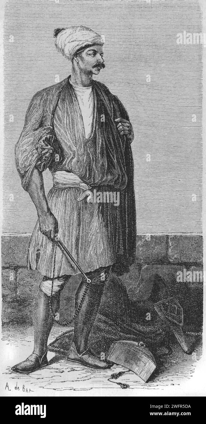 Egyptian Groom or stable Boy, portant des vêtements traditionnels ou une robe ethnique, et Saddle, Saïs Egypte. Gravure vintage ou historique ou Illustration 1863 Banque D'Images