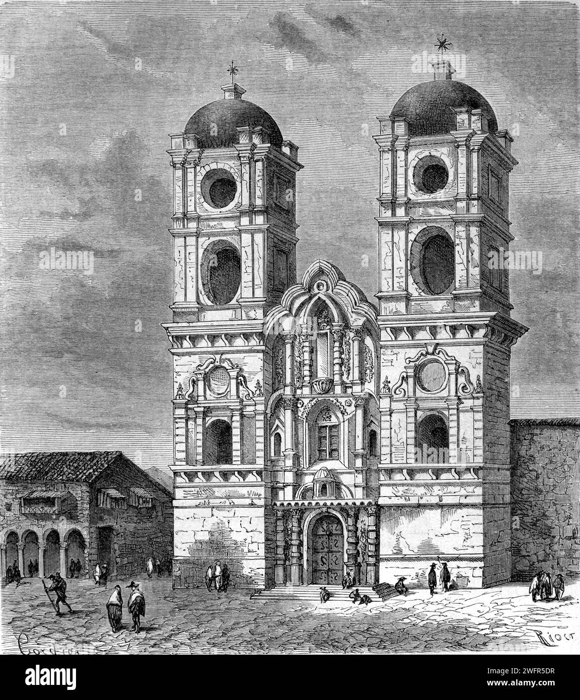 Église ou Iglesia de la Compania de Jesus, ou Église de la Compagnie de Jésus (1576-1673) Église jésuite historique et exemple important de l'architecture baroque espagnole ou baroque des Andes, sur la Plaza de Armas, Cuzco ou Cusco Pérou. Gravure vintage ou historique ou Illustration 1863 Banque D'Images