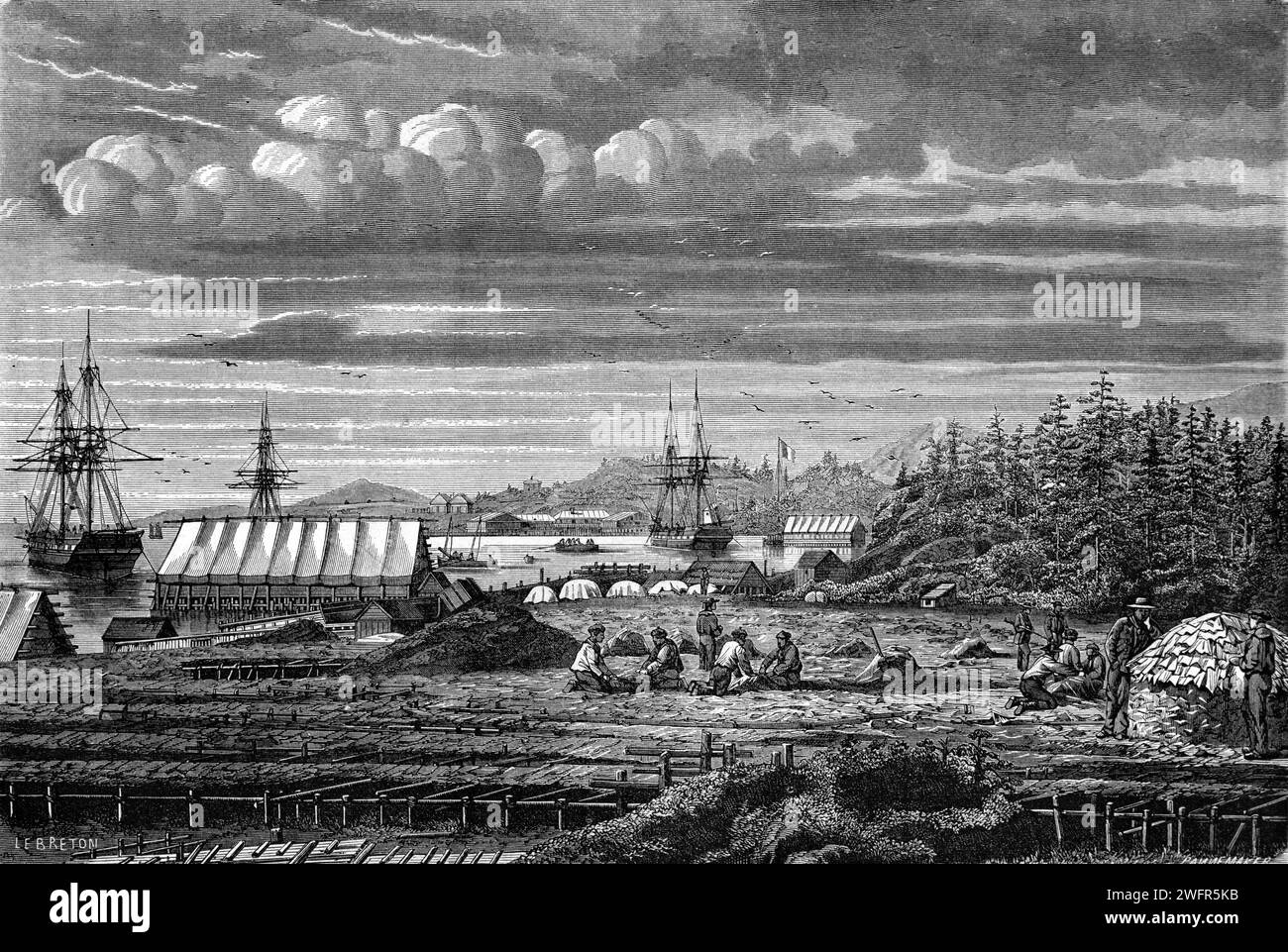 Préparation de la morue de l'Atlantique à Cap Rouge Bay, île du Cap-Breton, maintenant dans le parc national des Hautes-terres-du-Cap-Breton, Chéticamp, Novoa Scotia, Canada. Gravure vintage ou historique ou Illustration 1863 Banque D'Images