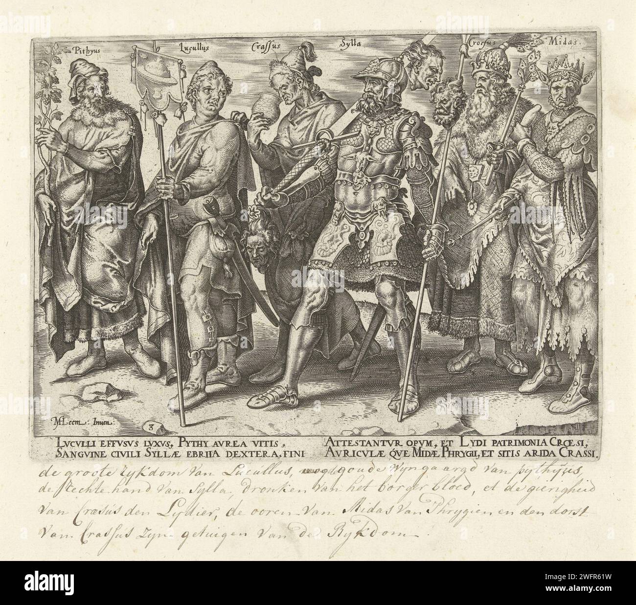 Rijkaards célèbres et notoires, 1563 imprimer Un défilé d'exemples célèbres de riches anciens. Au front dans la procession de Pythius, avec une vigne faite d'or et de vin précieux dans sa main. Puis Lucullus, le riche magistrat romain et glouton. Il porte une bannière avec une tarte au poulet. Derrière lui Crassus, qui boit dans une tasse. C'est une allusion à sa soif d'argent et à sa mort (cousue en or fondu). Après Crassus, le dictateur Sulla avec une épée et une lance, Croesus comme roi richement vêtu et Midas avec des midasors viennent sous sa couronne. L'impression a une légende latine et fait partie d'une série o Banque D'Images