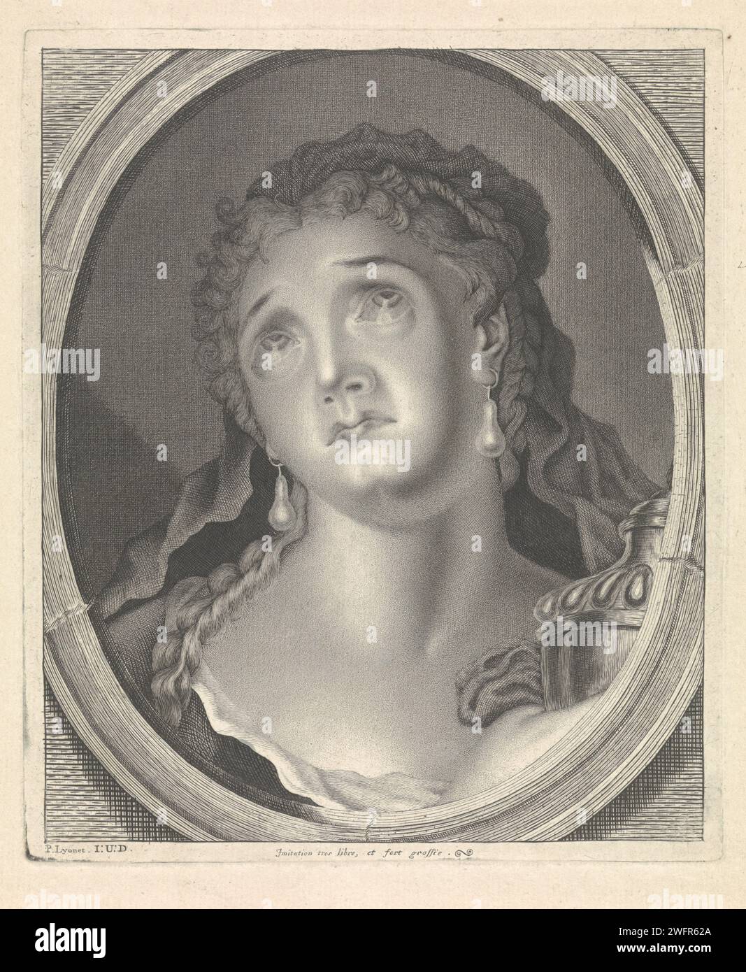 Adrienne Lecouvret dans le rôle de Cornelia avec une urne avec les cendres de son mari Pompeus, Pieter Lyonet, d'après Charles -Antoine Coypel, 1716 - 1789 actrice Adrienne Lecouvreur dans le rôle de Cornelia dans la mort de Pompée de Pierre Corneille. Dans ses mains une urne avec les cendres de son mari Pompée. France gravure sur papier personnages historiques - BB - femme. urne. portrait d'acteur, actrice Banque D'Images