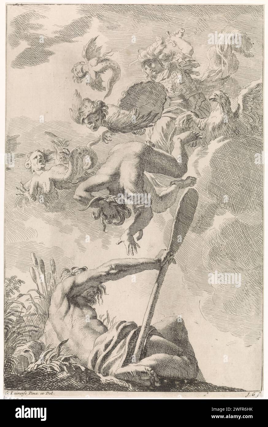 Minerva déplace l'envie : une allégorie par certitude, Johannes glaber, d'après Gerard de Lairesse, 1672 - 1726 imprimer la déesse Minerve déplace trois harpes et la personnification de l'envie du ciel. Au premier plan la personnification de la rivière Amstel. L'estampe est une peinture de plafond de Gérard de Lairesse et fait partie d'une série avec des représentations bibliques, mythologiques et allégoriques. Imprimeur : inconnu éditeur : Amsterdam gravure sur papier (histoire de) Minerva (Pallas, Athena). Envie ; 'Invidia' (Ripa)  personnification de l'un des sept péchés capitaux. rivière personnifiée, 'Fiumi' (Ripa). Harpi Banque D'Images