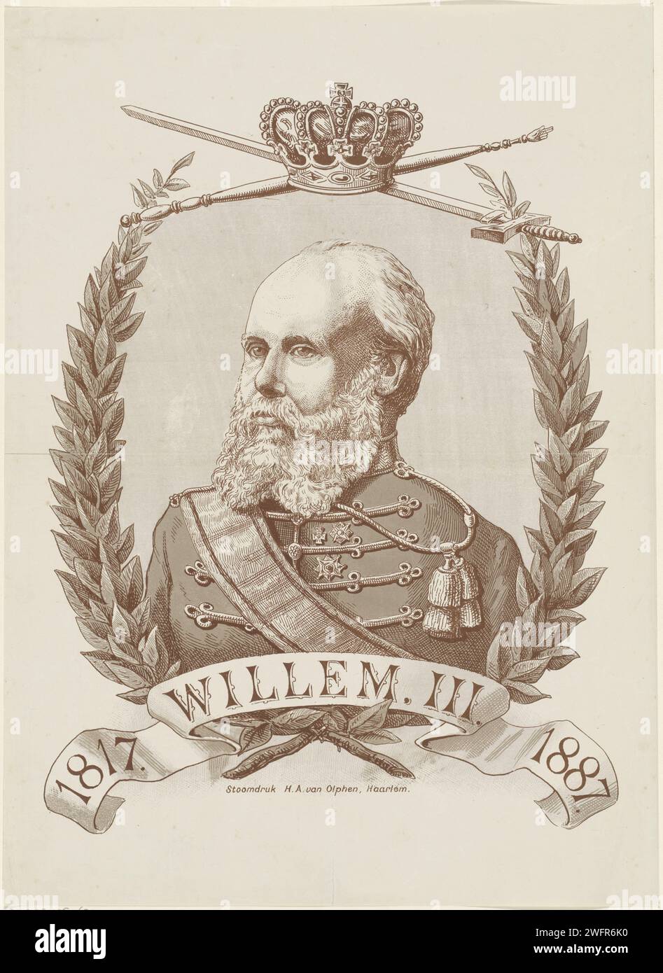 Portrait de Guillaume III, roi des pays-Bas, 1887 - 1889 tirage Portrait de Guillaume III dans un ovale de Lauwertaks. Au milieu d'une couronne. Sur une banderole '1817. Willem. III 1887. '. Fait à l'occasion de la célébration du soixante-dixième anniversaire de Guillaume III le 19 février 1887. Imprimeur : Netherlandsprinter : papier Haarlem Banque D'Images