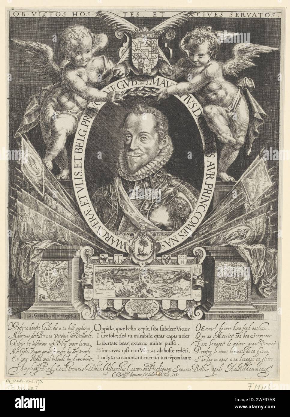 Portrait de Maurits, Prince d'Orange, Cornelis Dircksz. Boissens, c. 1597 - 1634 impression Portrait de Maurits dans un ovale avec écriture de bord et deux putti qui lui fixe une couronne de Laurier. Sous le portrait des armes et des références à son gentleman et batailles. Dans la marge inférieure cinq lignes de néerlandais, cinq lignes de latin et cinq lignes de français. Nord des pays-Bas gravure sur papier / gravure Banque D'Images