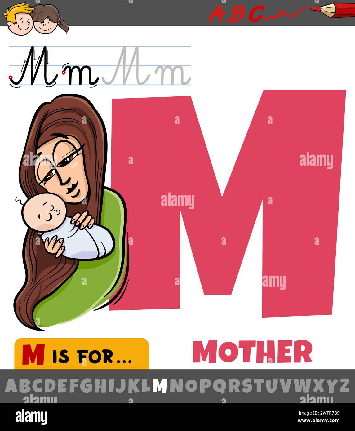 Illustration de dessin animé éducatif de la lettre M de l'alphabet avec le caractère mère Illustration de Vecteur