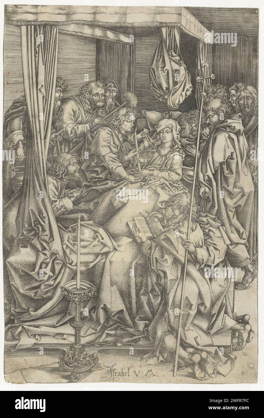 De Dood van Maria, Israhel van Meckenem, d'après Martin Schongauer, 1455 - 1503 estampe Maria est dans un grand lit à baldaquin, entouré par les douze apôtres. Au premier plan une bougie sur un grand standard. Bocholt (Allemagne) sur papier gravant la Dormition : Marie sur son lit de mort ; les apôtres sont rassemblés autour d'elle (Jean l'évangéliste peut être montré endormi ou rêvant). lustre, candélabre. lit avec testeur Banque D'Images