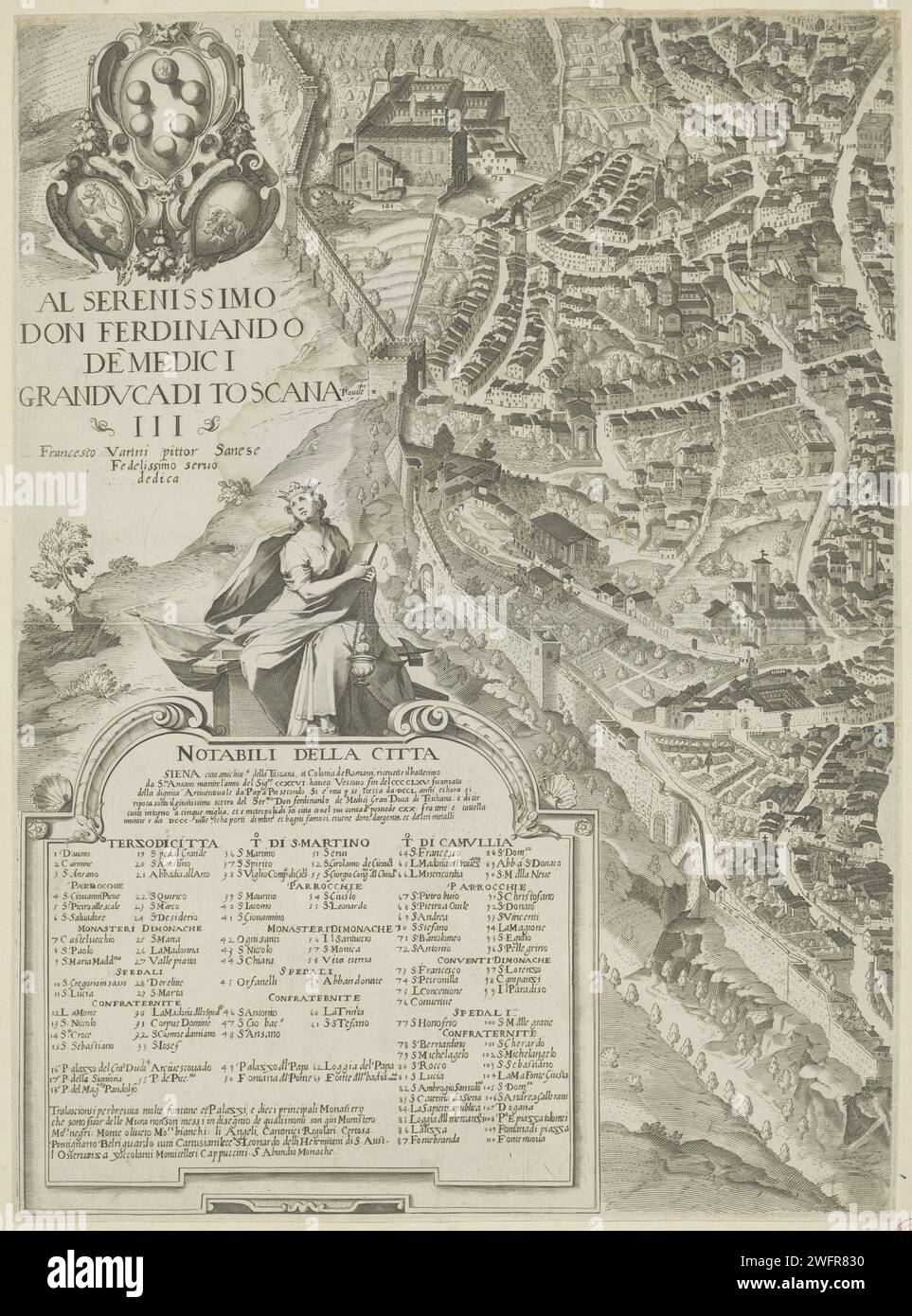 Carte de Sienne (partie à gauche), Anonyme, d'après Francesco Vanni, in ou après 1597 imprimer partie d'une carte de Sienne. Au-dessus de la ville des Saints, des évêques, des cardinaux et de Marie sur les nuages. Imprimeur : Italyafter design by : ItalyToscane papier gravure / gravure cartes, atlas. vue sur la ville en général ; 'veduta'. saints. des saintes féminines. archevêque, évêque, etc (Catholique romain). Marie (sans le Christ-enfant). armoiries (symbole de l'état, etc.). cardinal Siena Banque D'Images