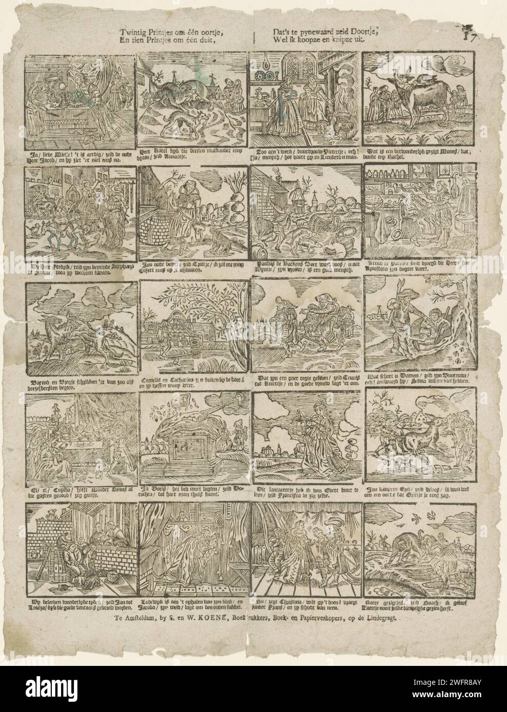 Vingt impressions autour d'une oreille, / et dix impressions à un penny, / dats dans pynewaard Sore Doortje, / Eh bien, j'achète et cligne, S. & W. Koene, 1781 - 1800 imprimer feuille avec 20 scènes différentes, y compris des performances de chiens de combat et un homme chez le médecin. Sous chaque performance un verset bidirectionnel. Numéroté en haut à droite : 17. Editeur : Amsterdamprint Maker : pays-Bas impression typographique papier examen médical, traitement médical. lutte Banque D'Images