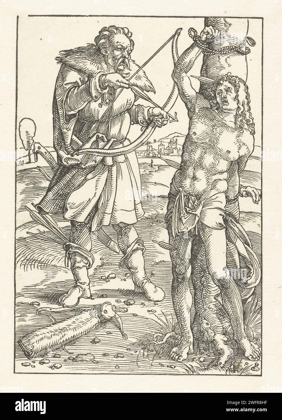 Sebastiaan est abattu avec des flèches par Beul, Hans Baldung Grien, 1505 - 1507 print Saint Sebastiaan est attaché à un arbre à droite et torturé par un bourreau. C'est diagonalement derrière Sebastiaan et concentre sa flèche et son arche sur le saint. Il y a un manchon fléché sur le sol et le bourreau a mis une roue avant dans son coffre. L'artiste devait trouver une solution pour la représentation de Sebastiaan dans la vue de face et le bourreau de tir qui visait le corps. Nuremberg papier St. Sébastien, attaché à un arbre ou à un pilier, est percé de flèches Banque D'Images