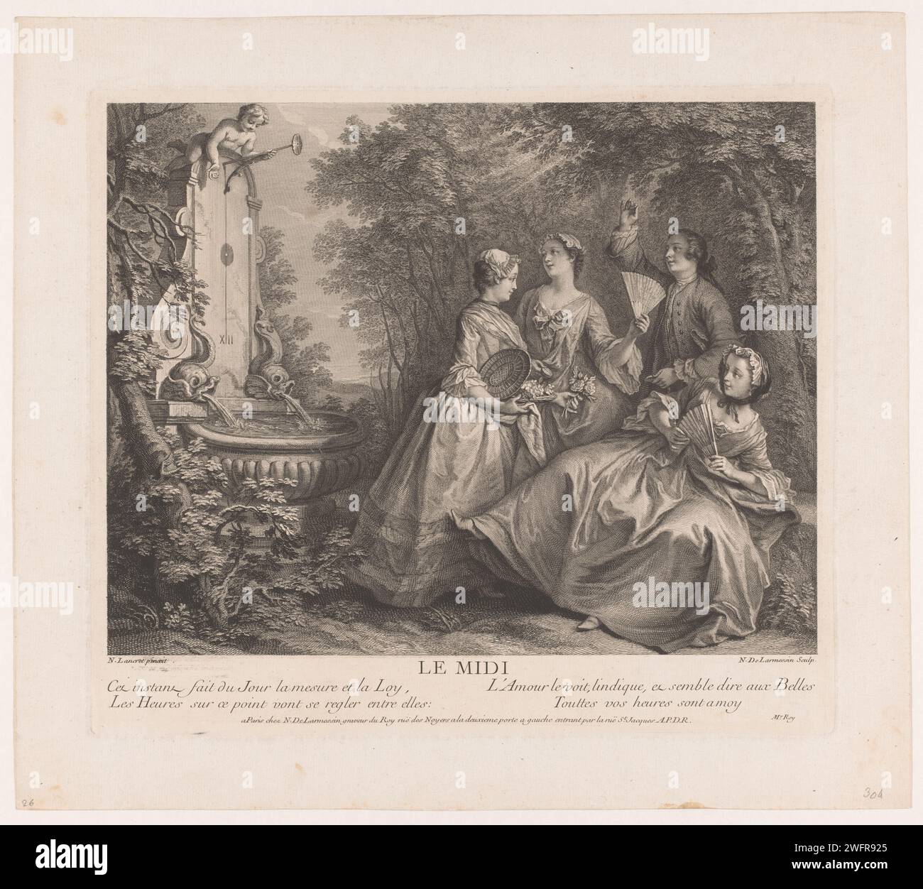 Après-midi : trois femmes avec des éventails et un homme à une fontaine, Nicolas de Larmessin (III), d'après Nicolas Lancet, 1741 éditeur d'estampe : ParisFrance papier gravure / gravure fontaine de jardin. ventilateur Banque D'Images