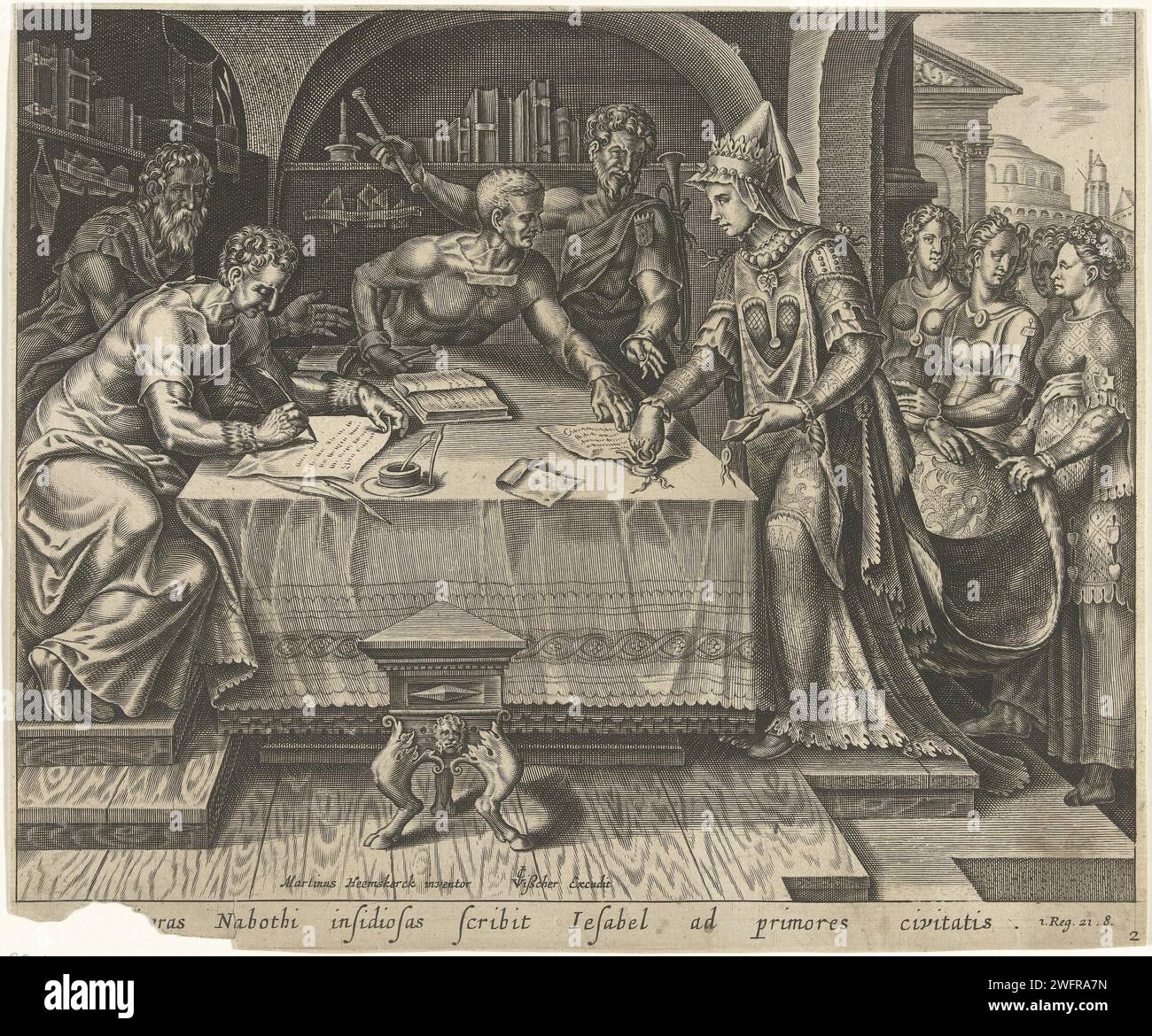 Izebel a des lettres de direction aux anciens et le plus significatif, 1600 - 1652 print la reine Izebel envoie des lettres aux anciens et le plus significatif dans la ville de Nabotss au nom du roi Achab. Elle leur demande d'annoncer un jour fixe, d'accuser Nabot de blasphème et de laisser la violation de majesté et de le laisser lapider. Les écrivains sont assis à table et écrivent les lettres. Izebel met le sceau royal sous les lettres. Sous le spectacle un verset en latin. Après impression par : Haarlempublisher : Amsterdam gravure sur papier Jezebel dessine le meurtre de Naboth et envoie quelques lettres aux fonctionnaires de la ville de Naboth Banque D'Images