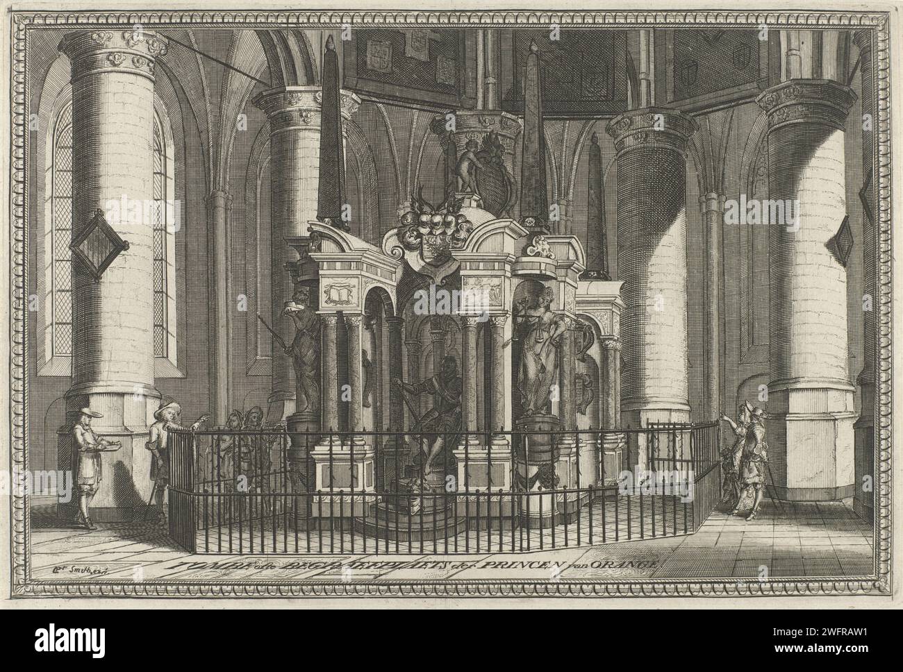 Graftombe de Willem I, Prince d'Orange, 1623, Anonyme, 1700 - 1799 tirage Graftombe ou Praalgraf de Willem I dans la Nieuwe Kerk à Delft, achevé en 1623. Vu de face avec l'image du prince assis. Avec le cadre. Bas pays gravure papier construction de tombes, tombe monumentale. intérieur de l'église. Personnes historiques Nouvelle église. Delft Banque D'Images