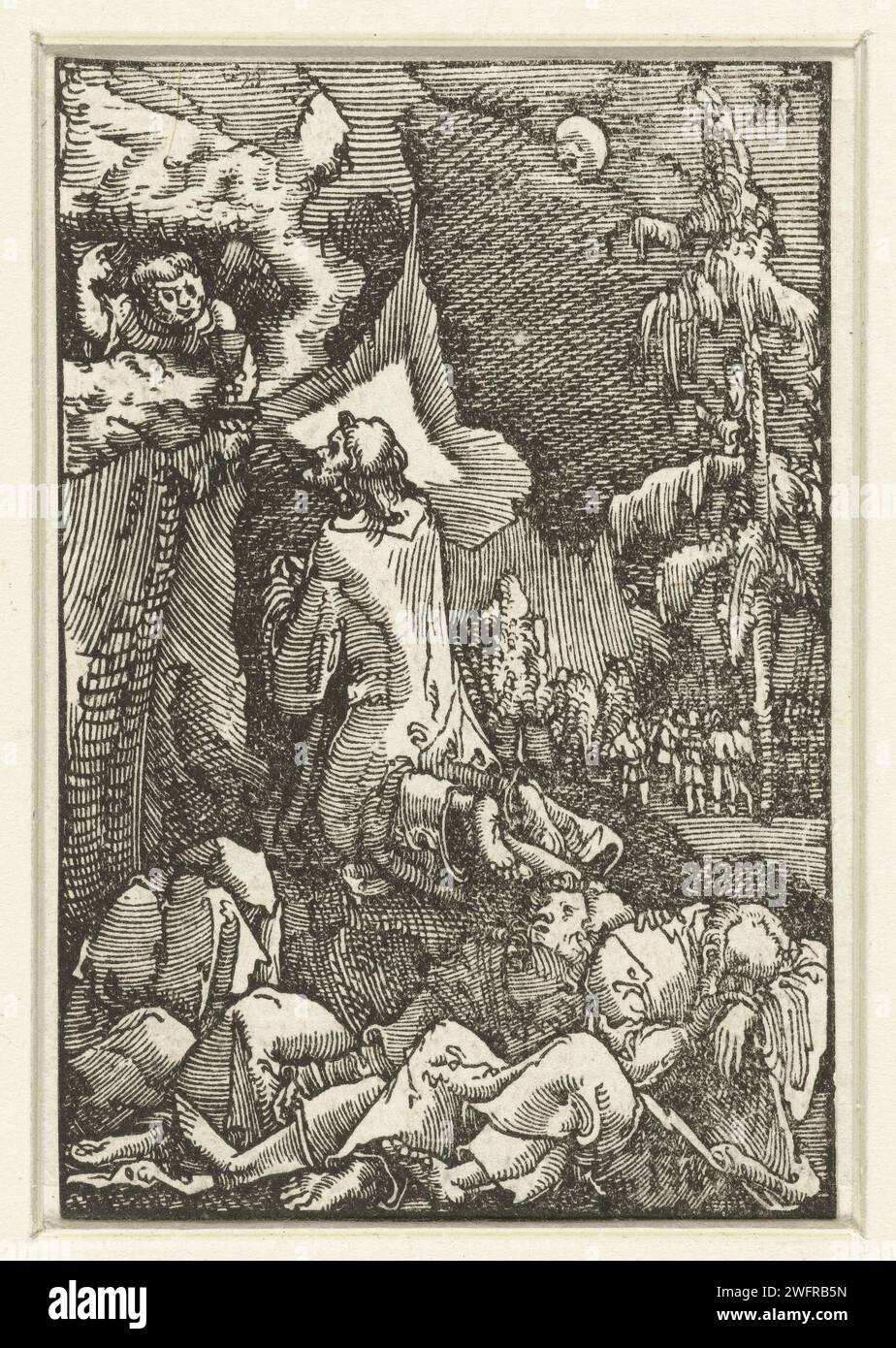 Christ sur le mont des oliviers, Albrecht Altdorfer, c. 1506 - 1538 imprimer Christ à genoux priant sur la montagne, dans les nuages un ange avec un calice. Deux disciples dorment, un groupe de soldats arrive au loin. Dix-neuvième tirage d'une série de quarante. Allemagne papier agonie du Christ : pour le réconforter, un ou plusieurs anges apparaissent au Christ avec un calice et/ou une croix Banque D'Images