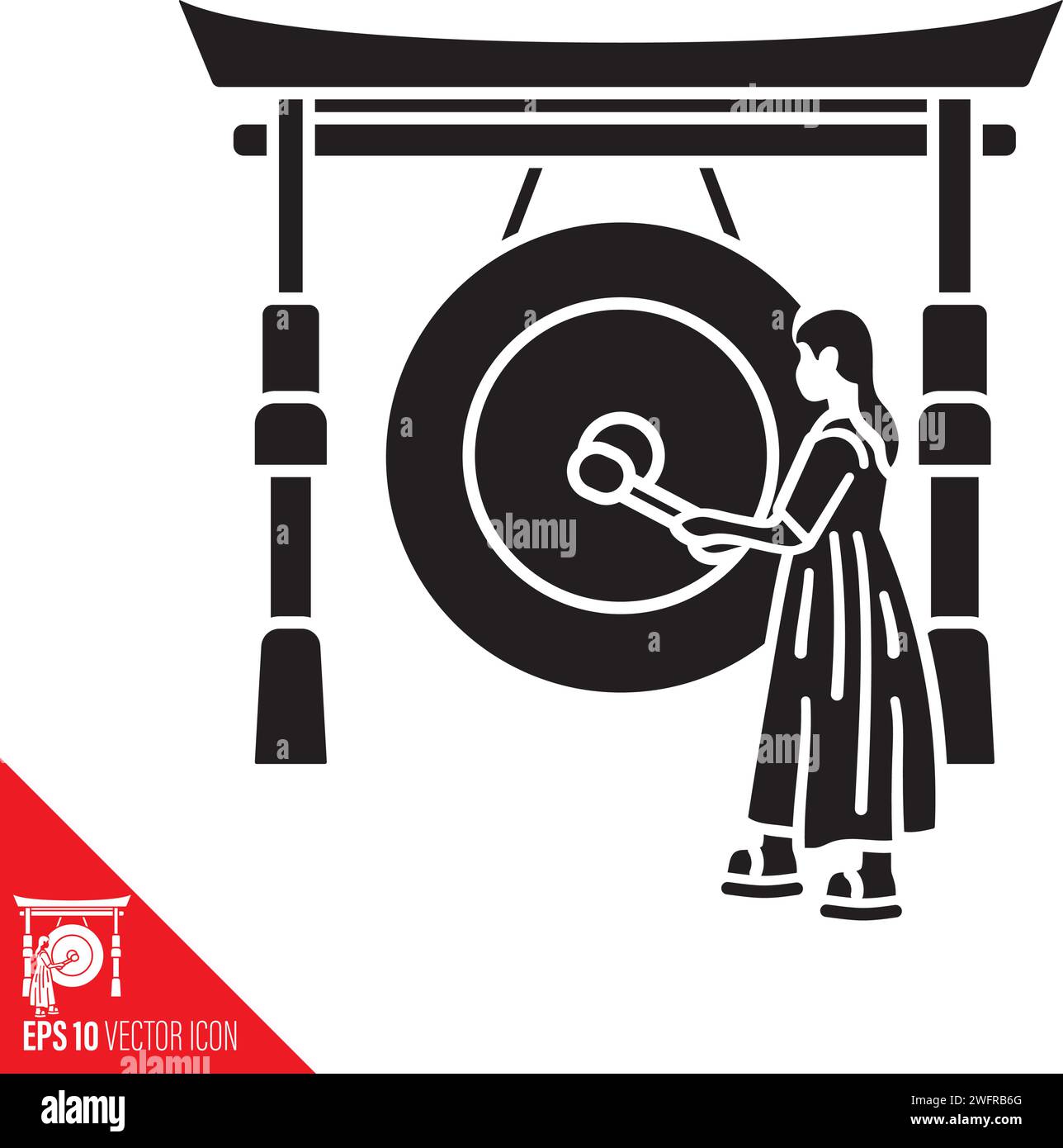 Femme asiatique battant une grande icône de glyphe vecteur gong pour le jour du Gong le 21 juin Illustration de Vecteur