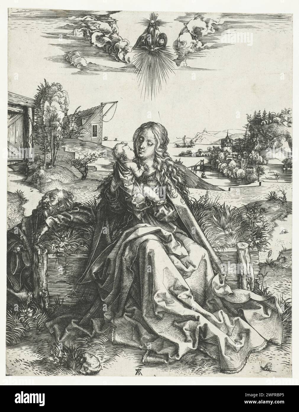 La Sainte famille avec la libelle, Albrecht Dürer, 1493 - 1497 imprimer Maria est assise sur une clôture en bois avec l'enfant Christ sur son bras. Joseph dort à côté d'eux. Pour le Zoom de la robe de Maria au sol une libelle. Au-dessus d'eux dans l'air Dieu et le Saint-Esprit sous la forme d'un pigeon. En arrière-plan quelques maisons et une tour sur une côte. Nuremberg gravure sur papier Sainte famille (seul), 'Trinitas terrestriss' Banque D'Images