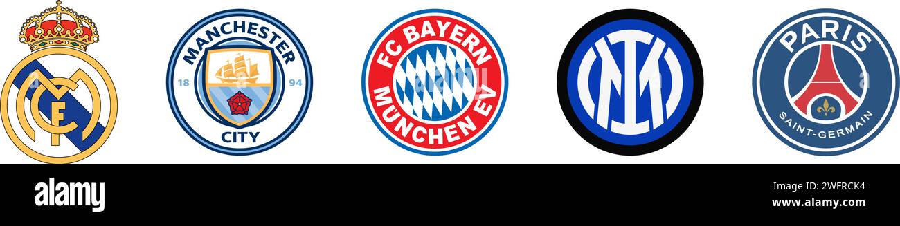 Vinnitsa, Ukraine - 17 janvier 2024 : logo des équipes de football les plus populaires. Ligue des champions. Illustration éditoriale vectorielle. Illustration de Vecteur