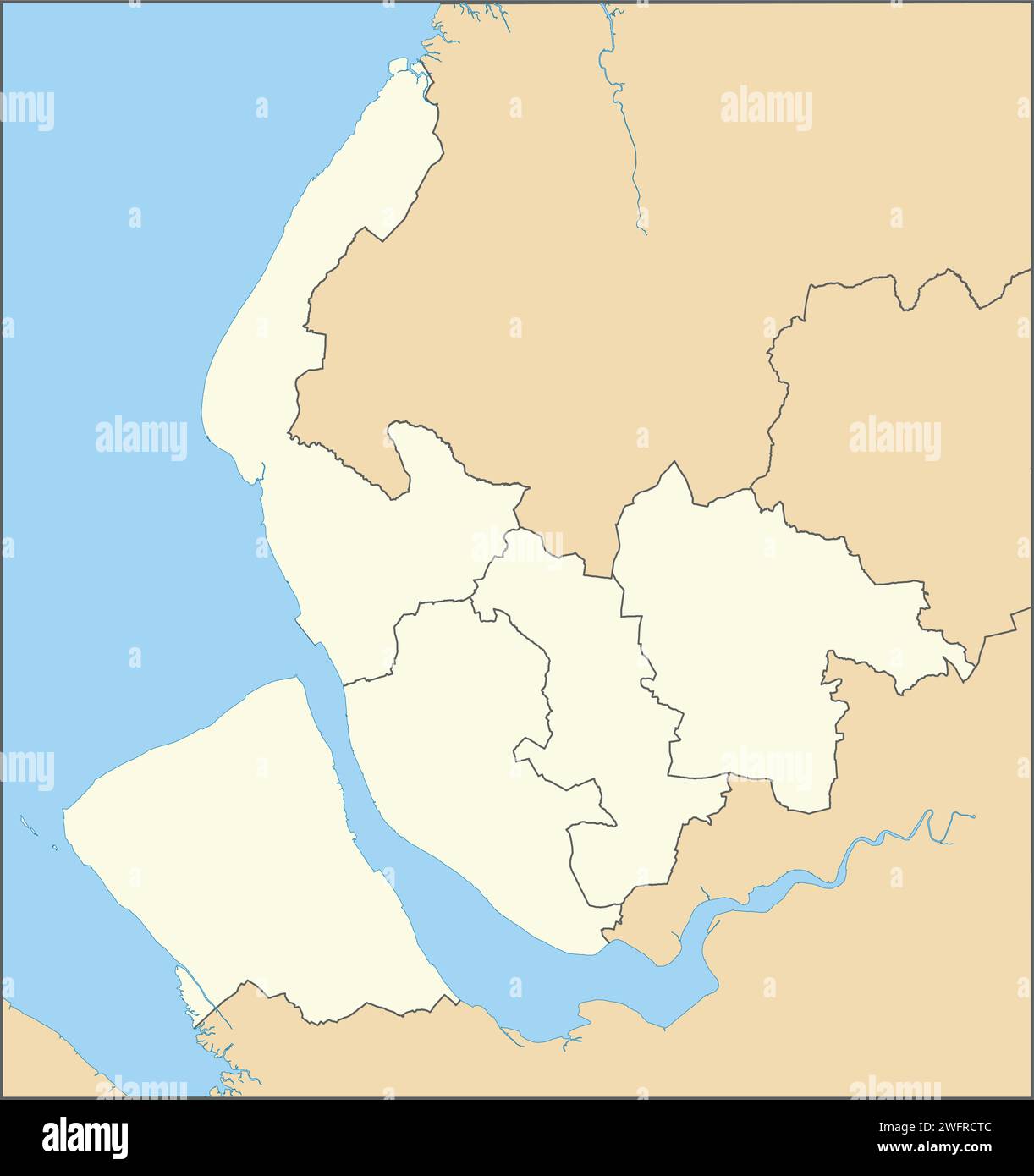 Carte administrative métropolitaine à vecteur plat beige de MERSEYSIDE, ANGLETERRE avec les lignes frontalières noires et les voies navigables de ses districts d'autorité locale Illustration de Vecteur
