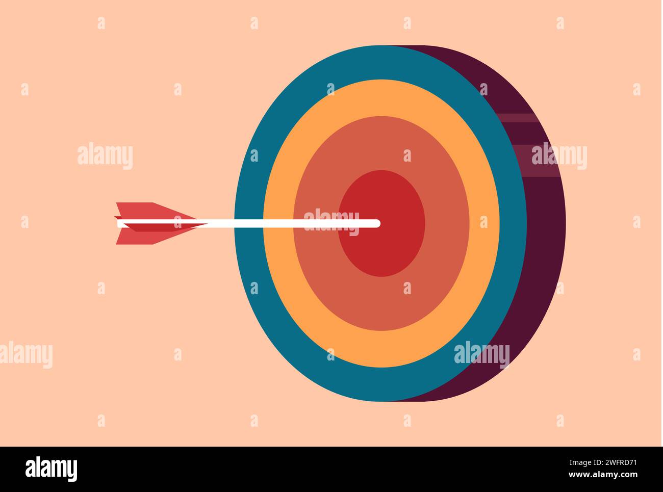 Concept gagnant. Flèche frappant sa cible au centre. Atteindre un objectif. Banque D'Images