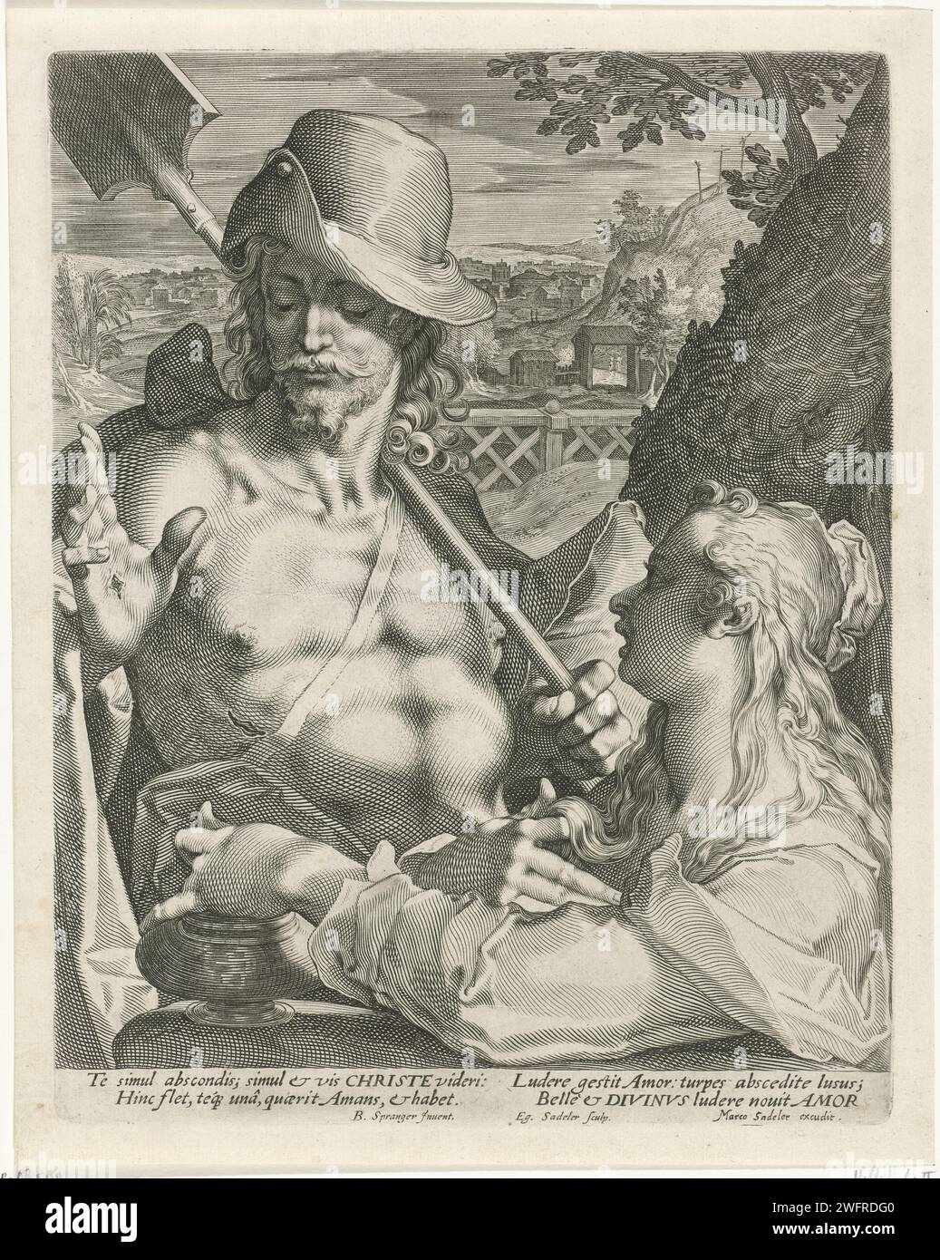 Christ Verschijnt ALS Tuinman aan Maria Magdalena (Do my touch), Giles Sadeler (2), d'après Bartholomew Spranger, 1624 - c. 1650 print le Christ ressuscité apparaît à Maria Magdalena sous la forme d'un jardinier. Ses blessures croisées sont visibles. Maria Magdalena a un pot de pommade à la main. L'impression a une légende latine. Imprimeur : inconnu éditeur : Venise gravure sur papier Marie Madeleine agenouillée devant Christ, qui est généralement représentée comme un jardinier avec une houe et / ou une pelle; 'Noli me tangere' Banque D'Images