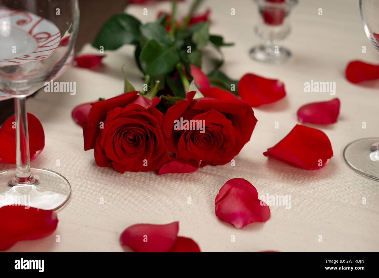 Ensemble de deux roses posées sur une nappe blanche, entourées de pétlas de roses rouges. Sur la table, il y a deux verres à vin. Image horizontale Banque D'Images