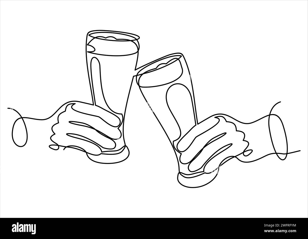 Deux mains tenant un verre de bière dans la fête. traînez avec un ami. cheers clinking.ligne tracée unique continue Illustration de Vecteur