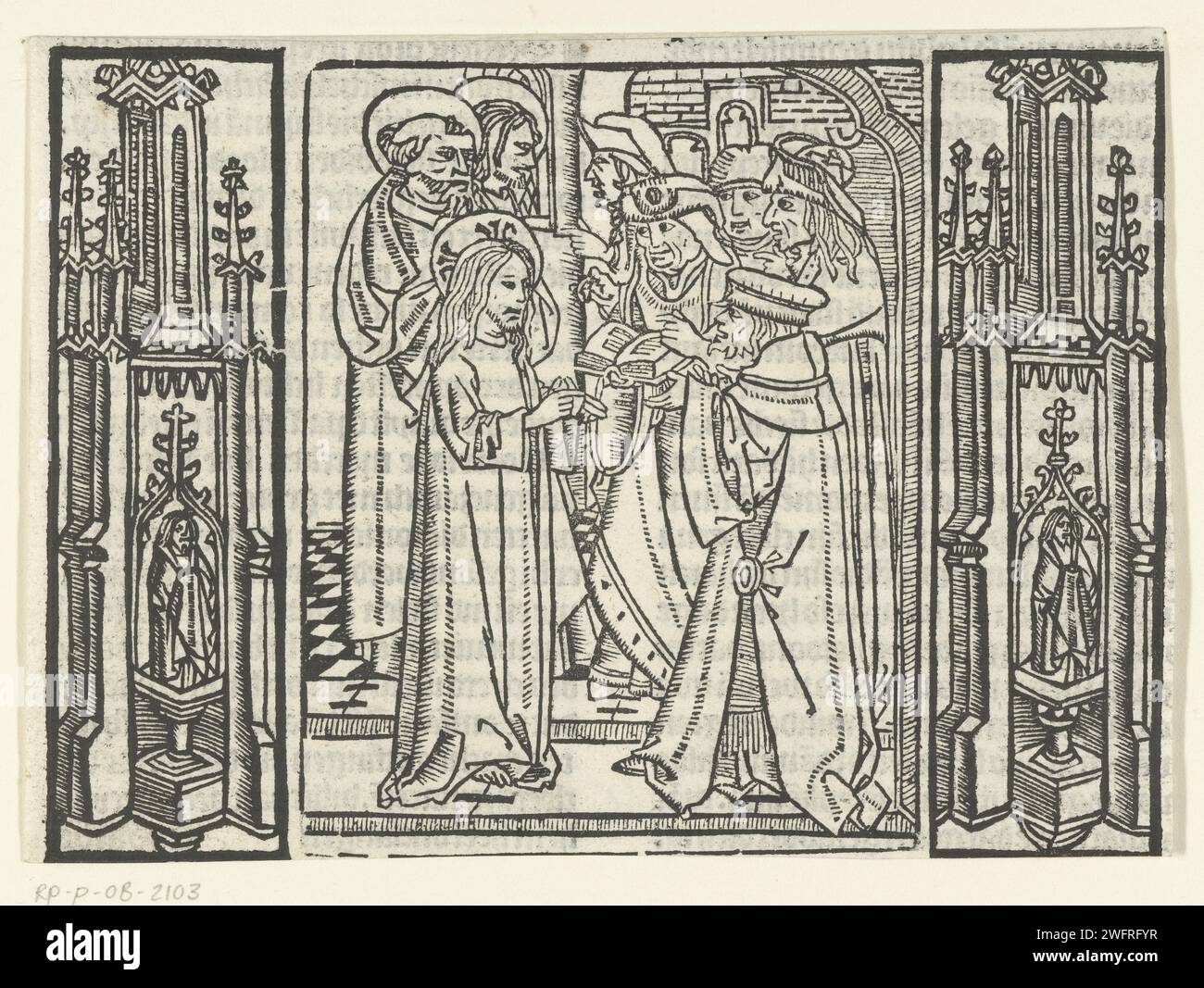 Christ en conversation avec les pharisiens dans le Temple, Maître de Delft (attribué à), 1503 impression imprimée à partir de trois blocs. Christ, Pierre et troisième disciple vers cinq scribes dans le Temple. À gauche et à droite de la performance ornementation architecturale. Les Pharisiens et les Sadducéens s'opposent au Christ dans le papier des pays-Bas Banque D'Images