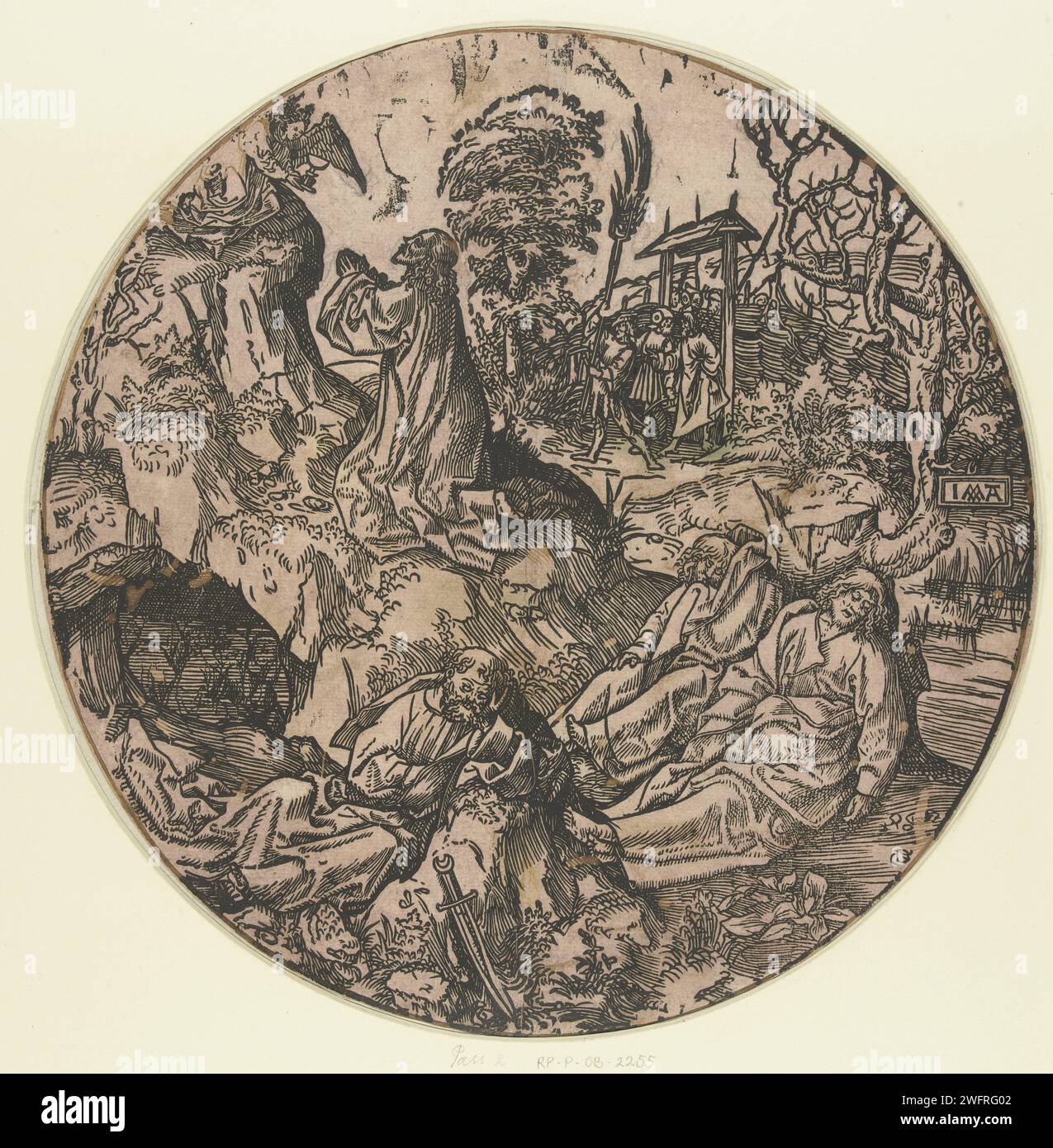 Christ op de Olijf Mont, Jacob Cornelisz van Oostsanen, dans ou après 1517 - 1533 imprimer Christ priant sur le mont des oliviers, au premier plan les disciples endormis. D'une série de douze tirages, cadre découpé. Agonie du Christ au pinceau de papier des pays bas : pour le réconforter, un ou plusieurs anges apparaissent au Christ avec un calice et/ou une croix. Agonie du Christ ; trois (ou onze) apôtres dormant Banque D'Images