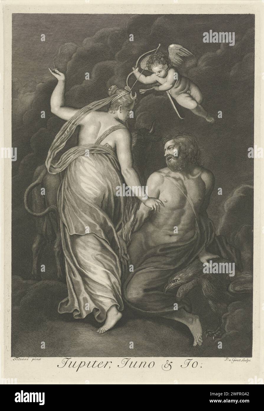 Jupiter, Juno et Io, Pieter van Gunst, d'après Titien, 1659 - 1731 impression au premier plan Jupiter et Juno. Cupido vole au-dessus d'eux. En arrière-plan Io, la bien-aimée de Jupiter, qui a été transformée en vache blanche par Jupiter pour la cacher à sa femme. Amsterdam gravure sur papier Jupiter et Juno en amoureux. (Histoire de) Cupidon, Amor (Eros). IO changé en vache : pour éviter la détection par Juno, Jupiter change Io en vache (Ovide, Métamorphoses I 611) Banque D'Images